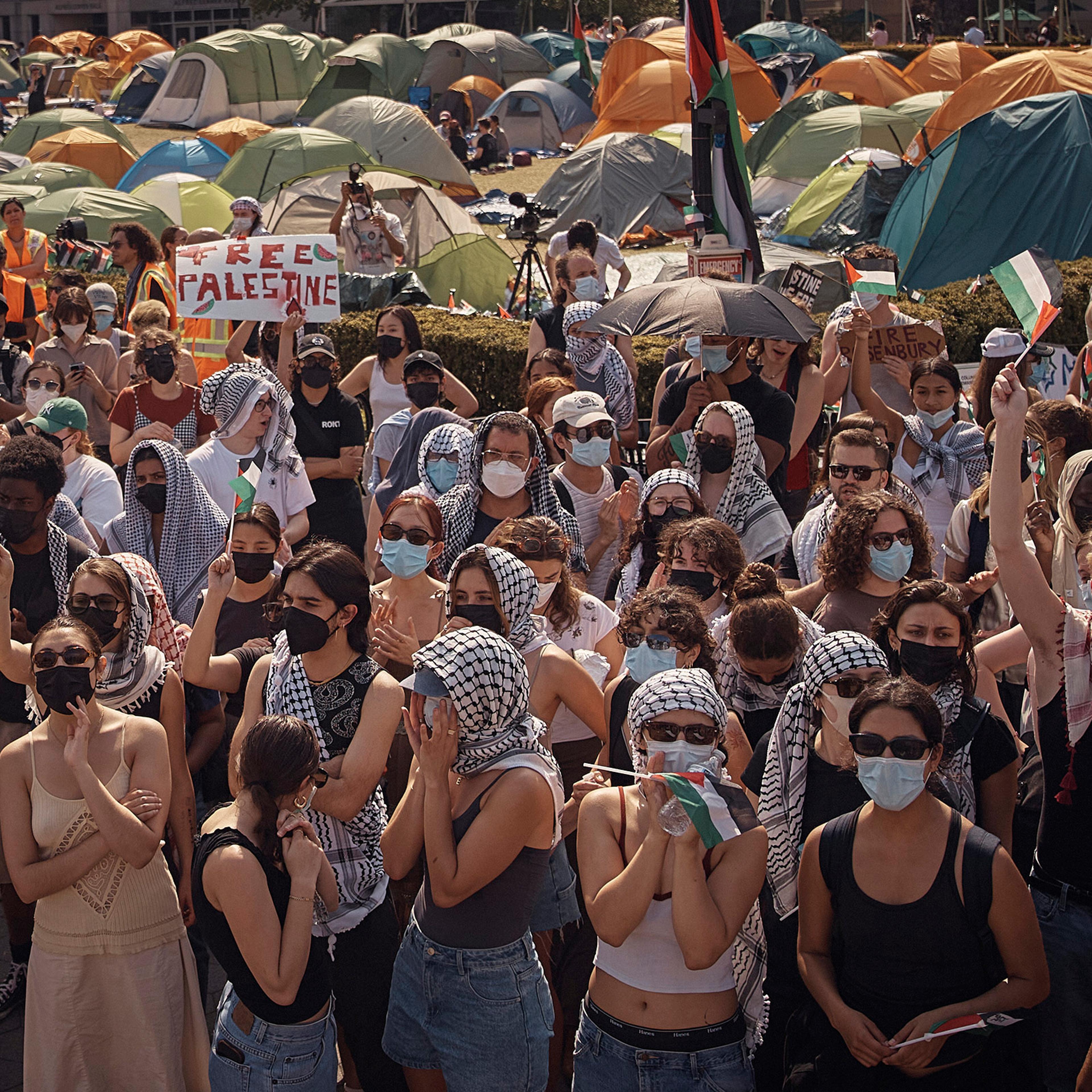 Protestors gather calling for divestment Israel, during a pro-Palestinian encampment on Columbia University's campus in New York City, on April 29, 2024.