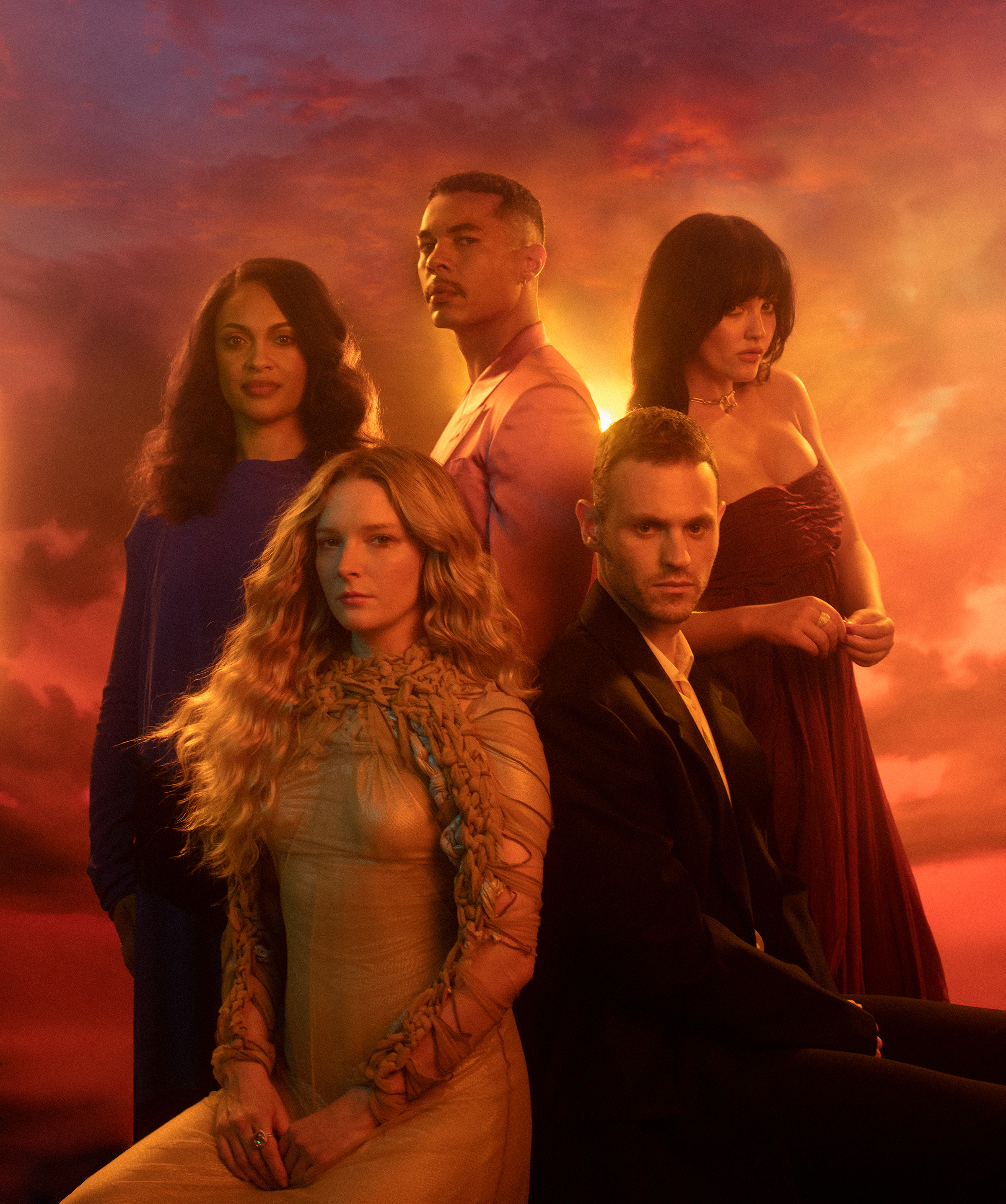 From left: Cynthia Addai-Robinson, Morfydd Clark, Ismael Cruz Córdova, Charlie Vickers, and Markella Kavenagh, photographed in Los Angeles on July 20