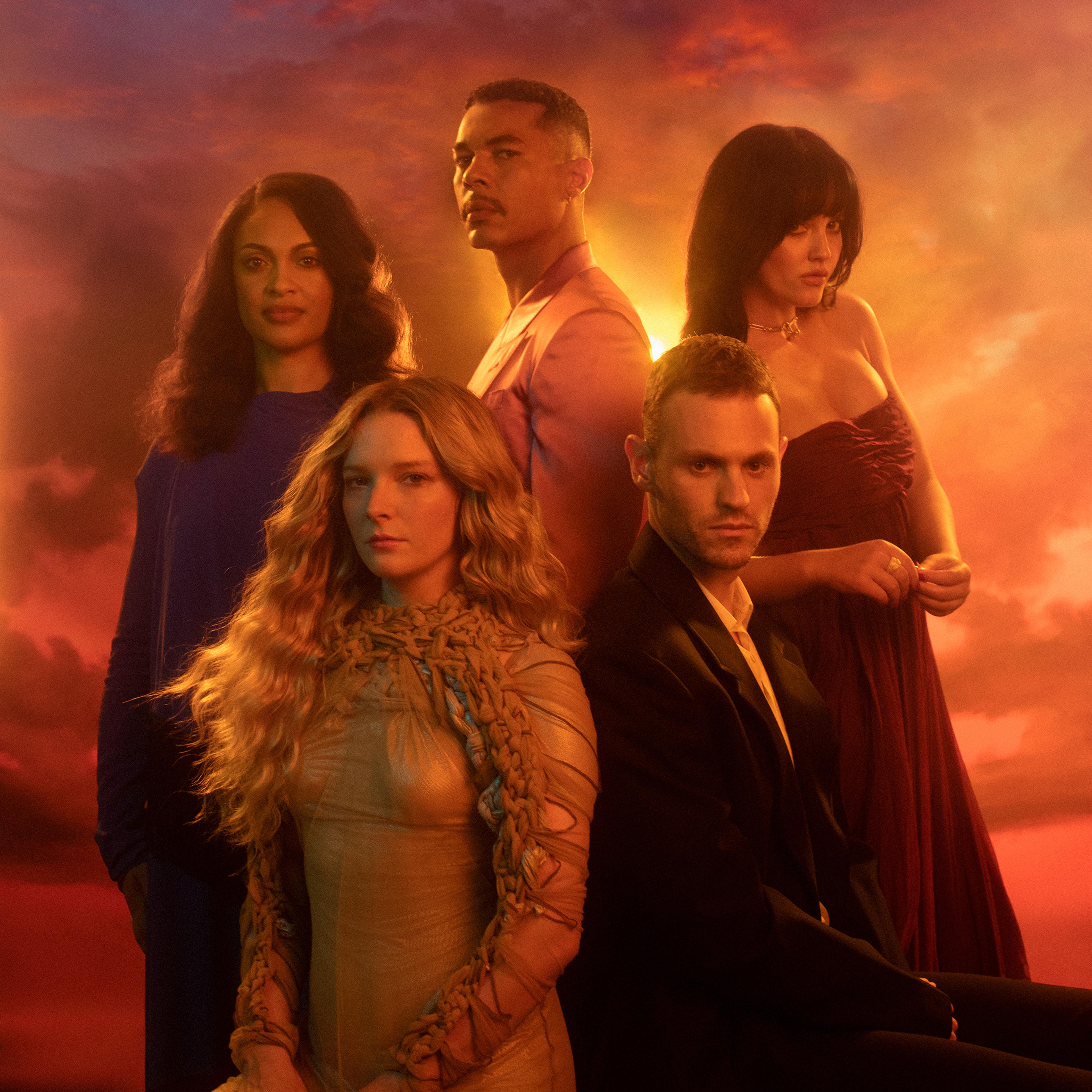 From left: Cynthia Addai-Robinson, Morfydd Clark, Ismael Cruz Córdova, Charlie Vickers, and Markella Kavenagh, photographed in Los Angeles on July 20