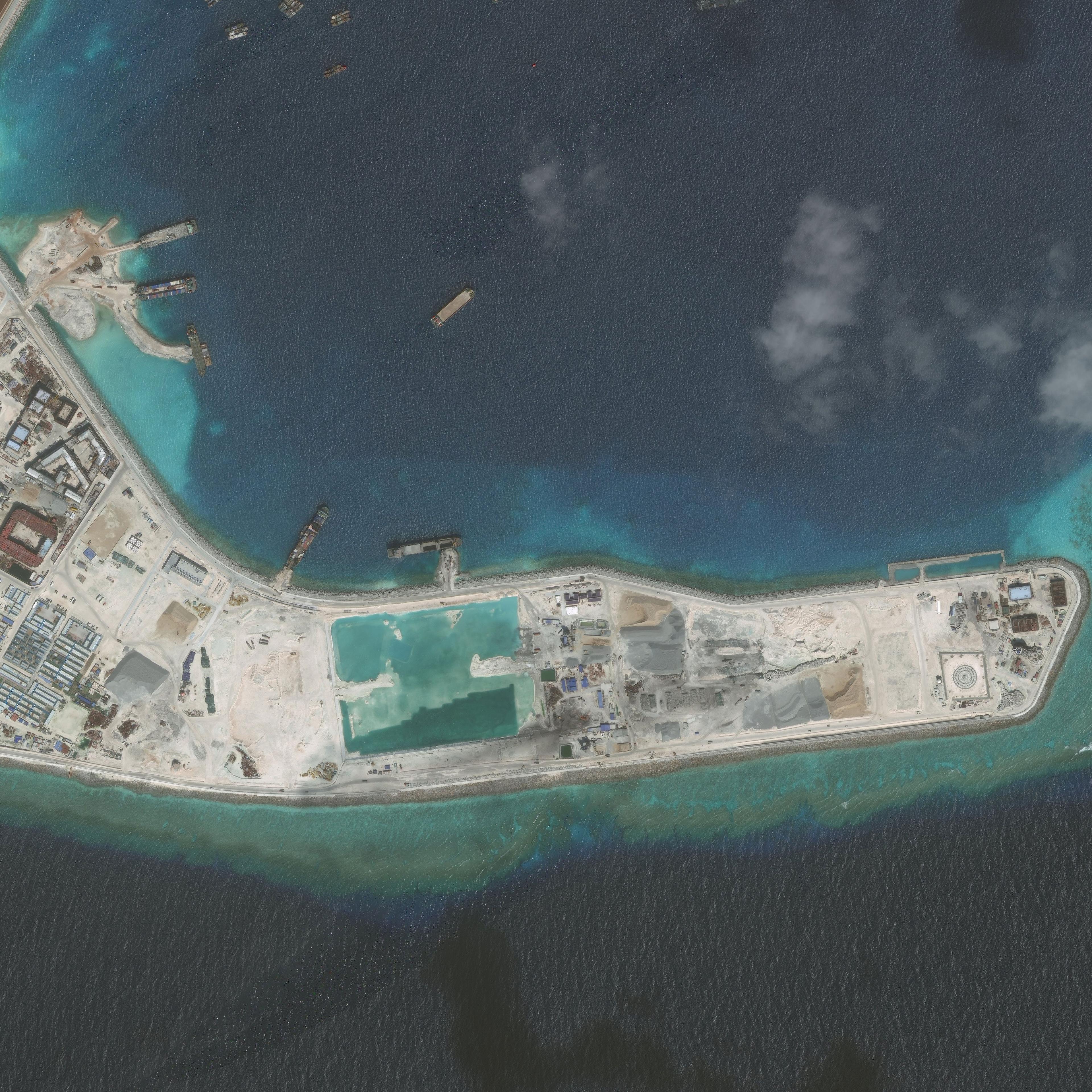 NOV 10, 2016: DigitalGlobe imagery (Closeup-4) of the Subi Reef in the South China Sea, a part of the Spratly Islands group. Photo DigitalGlobe via Getty Images.