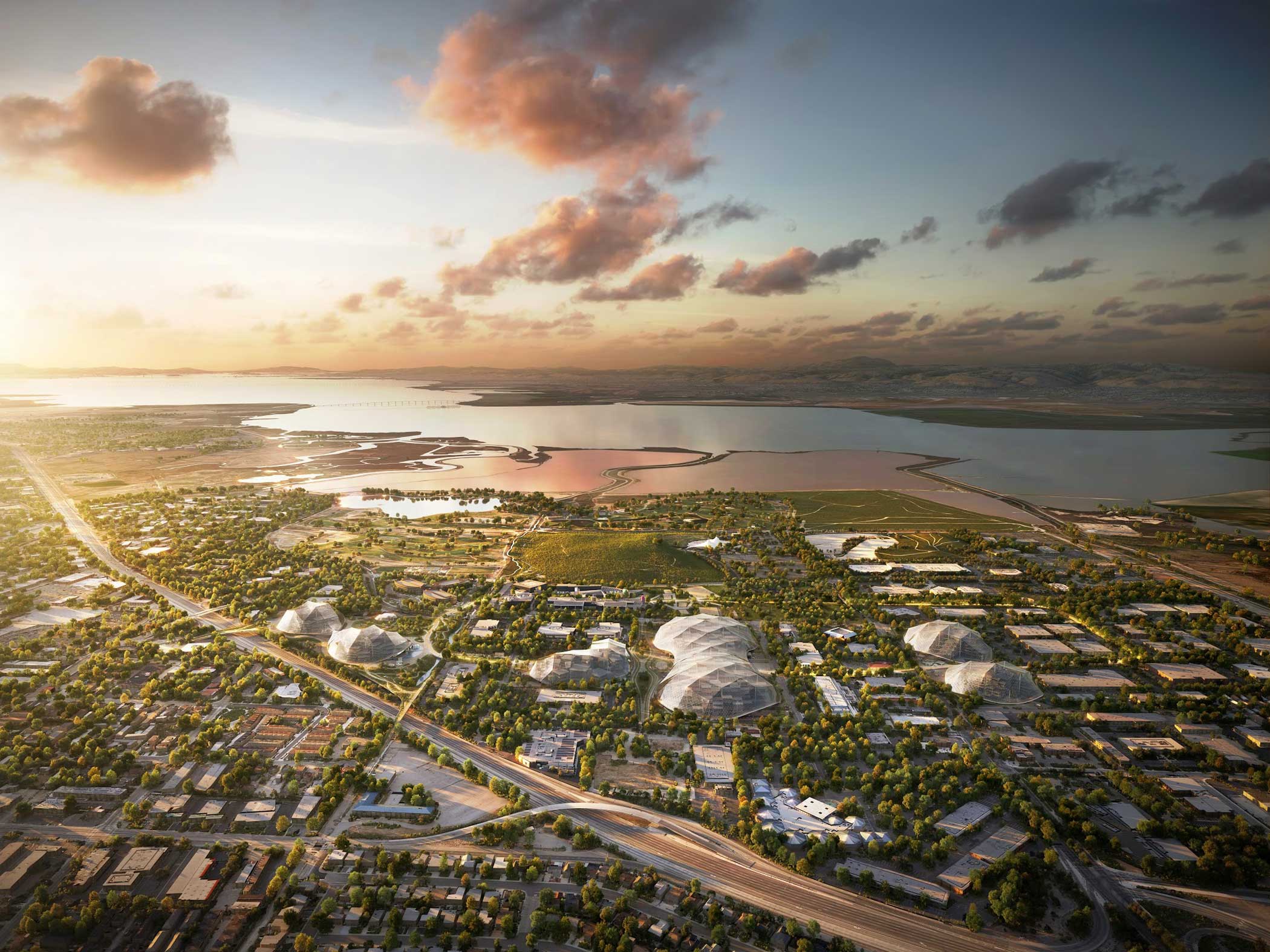 This bird’s eye view shows Google’s proposed new campus and its surroundings.