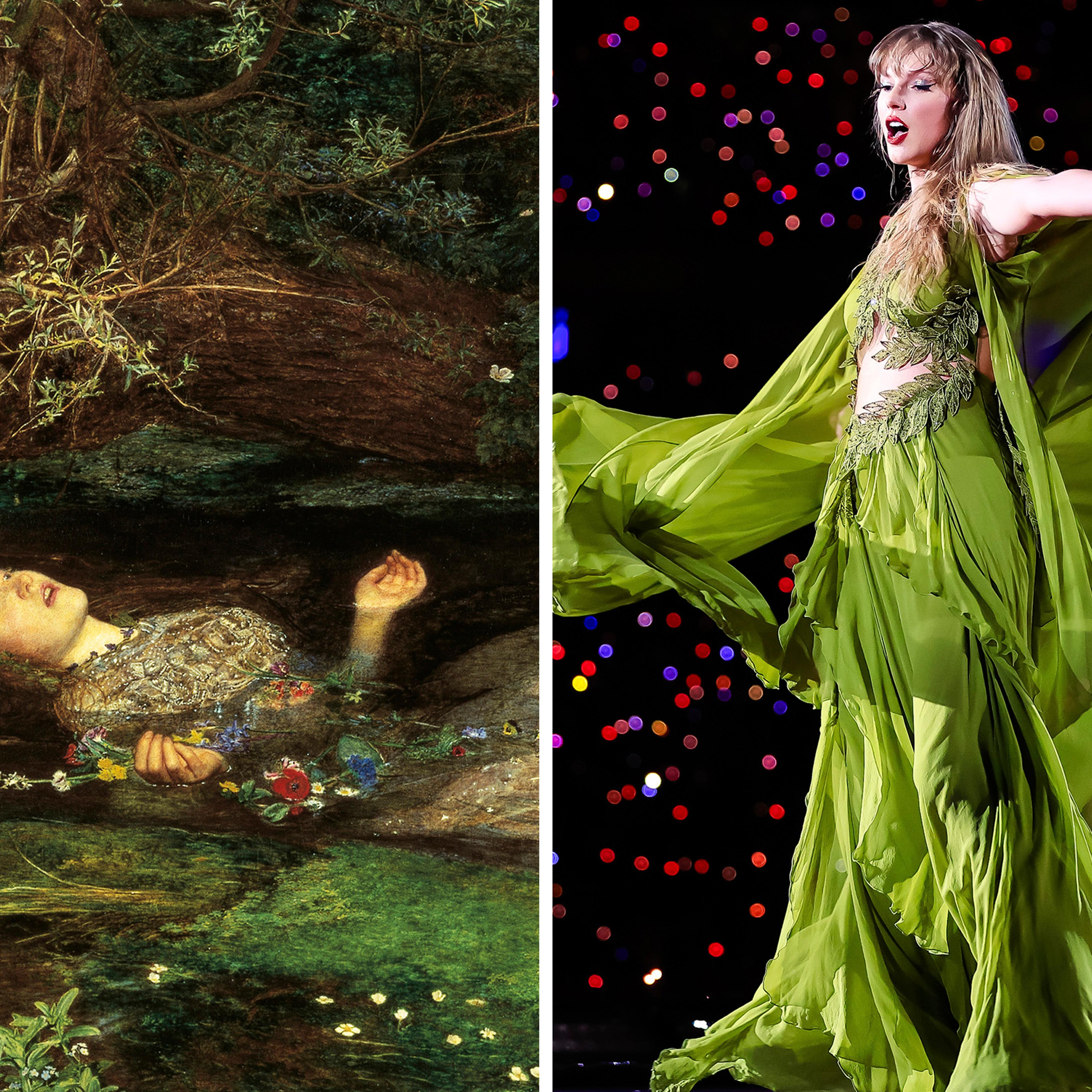 Ophelia, by John Everett Millais and Taylor Swift on-stage during the 2024 Eras Tour.