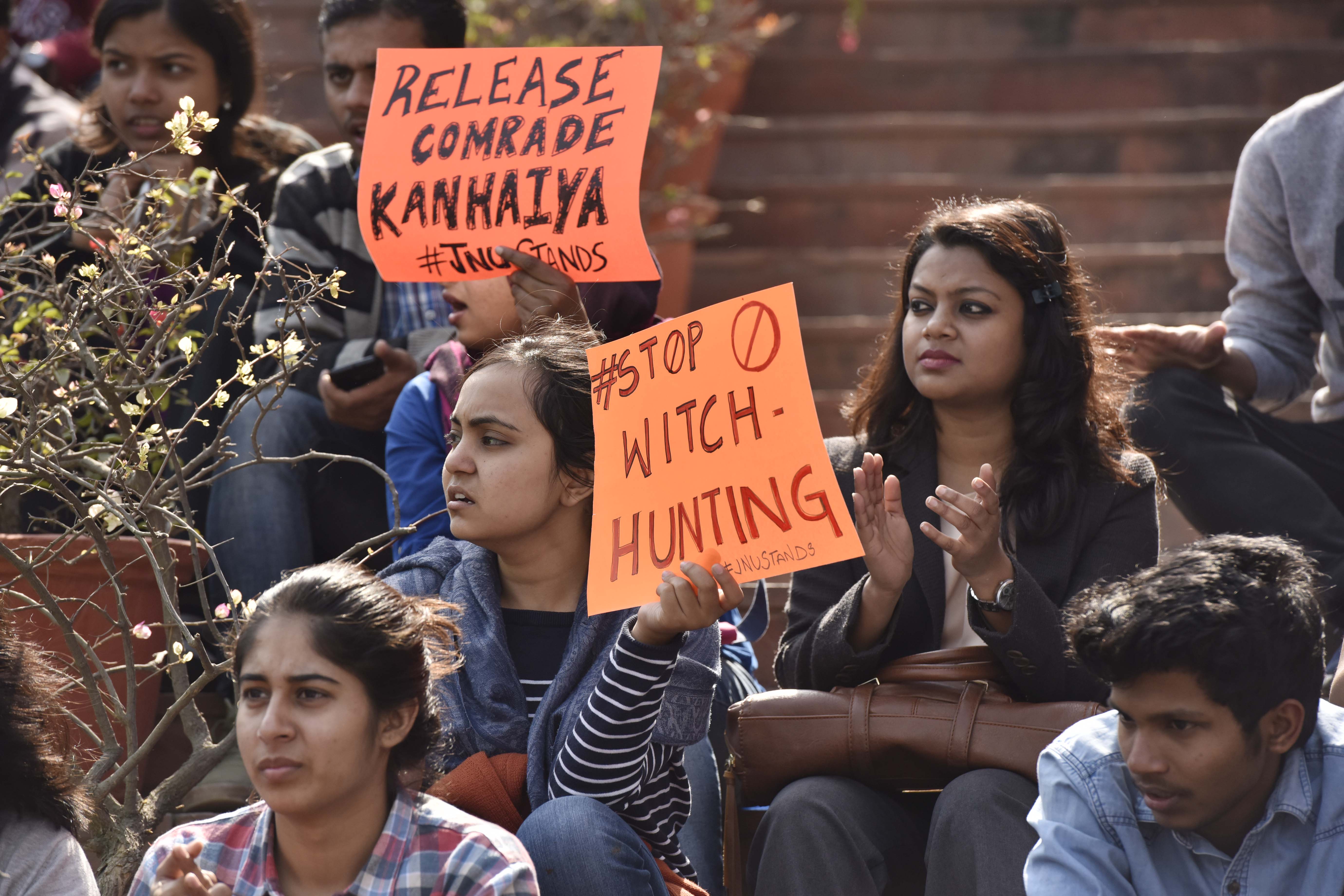 JNU students protest march against Central Government at JNU campus, demand the release of Kanhaiya Kumar on Feb. 16, 2016 in New Delhi, India. 
