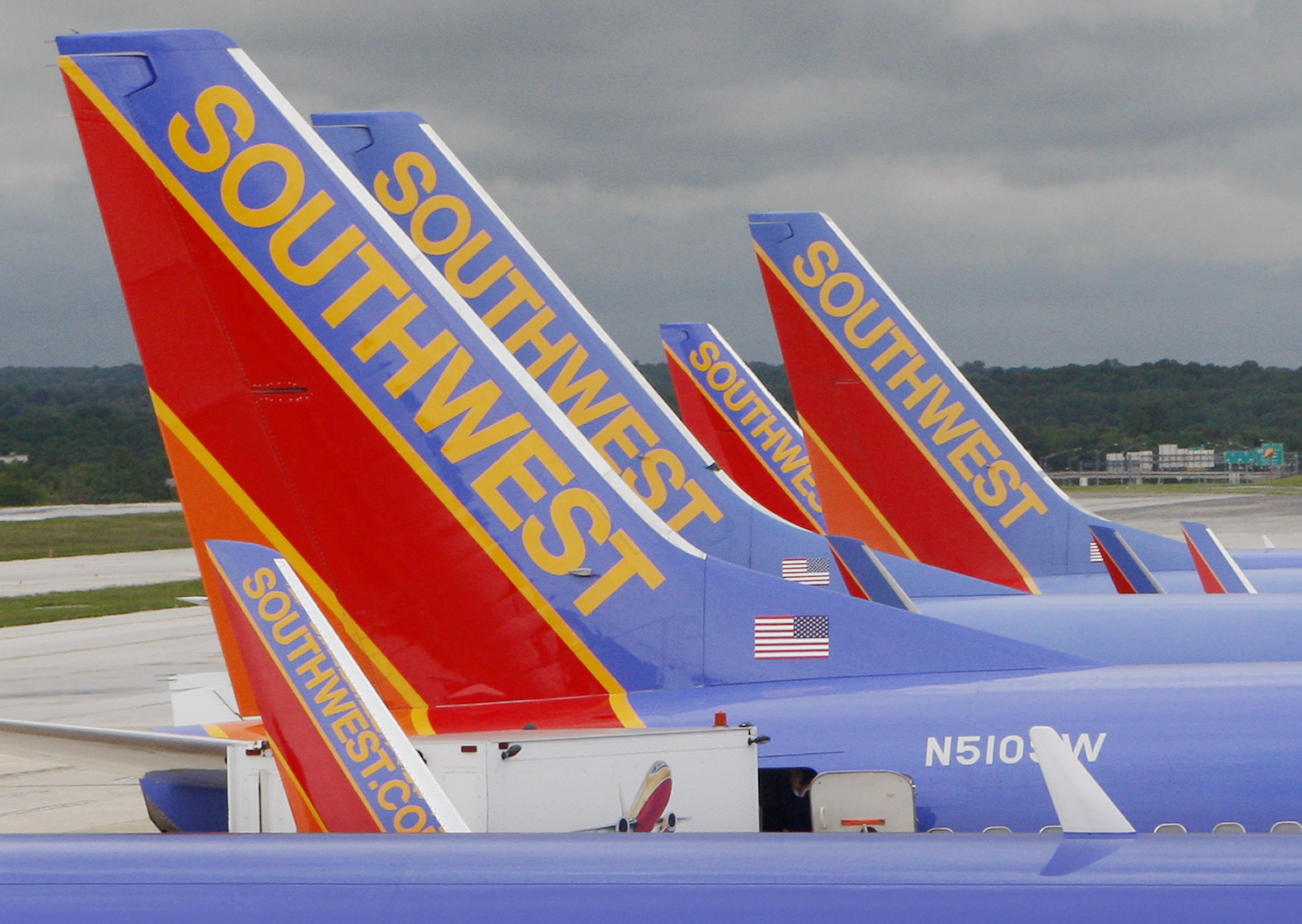 Southwest Airlines jets parked at Baltimore Washington International Airport in Baltimore, Md.
