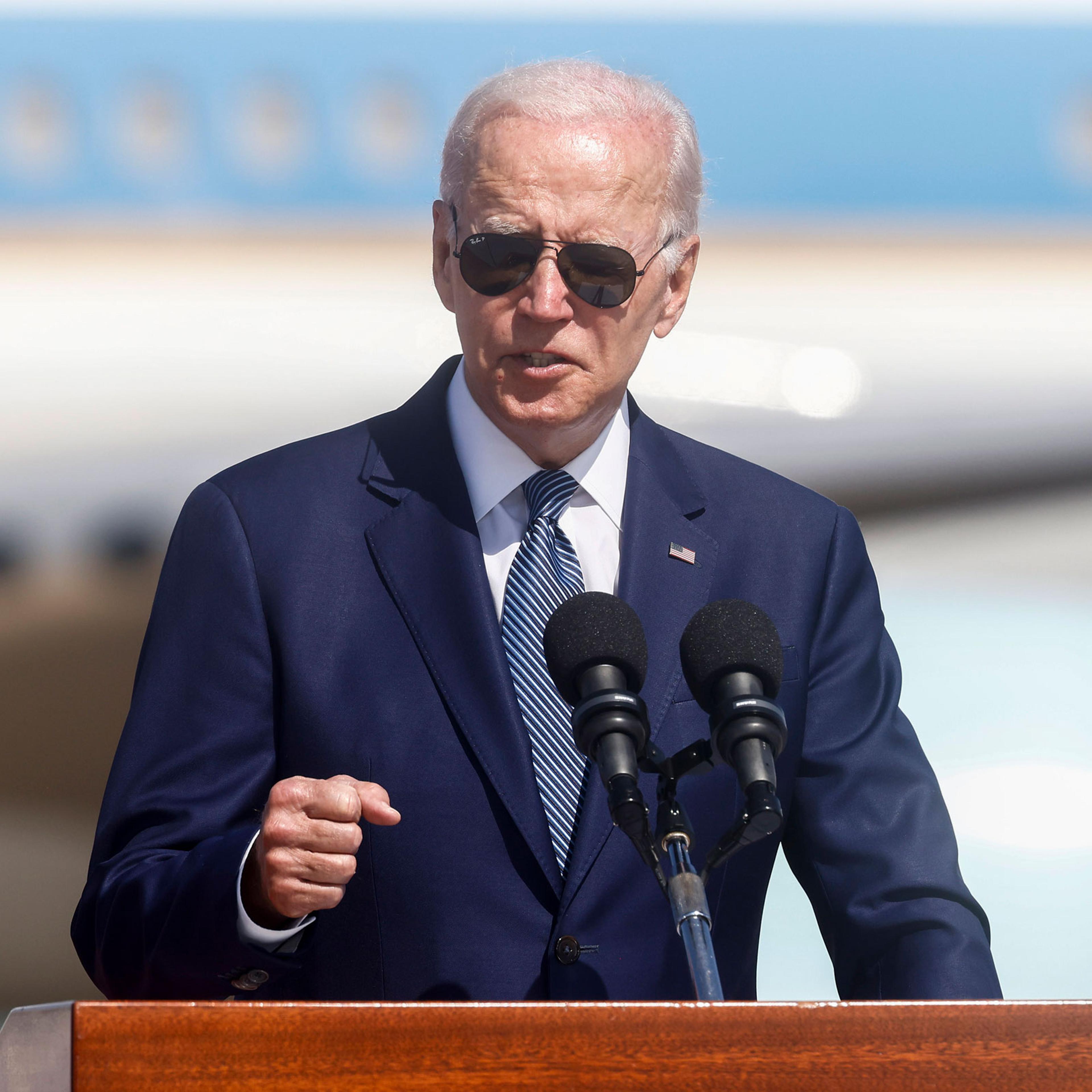 Joe Biden speaks during an arrival ceremony at Ben Gurion International Airport in Tel Aviv