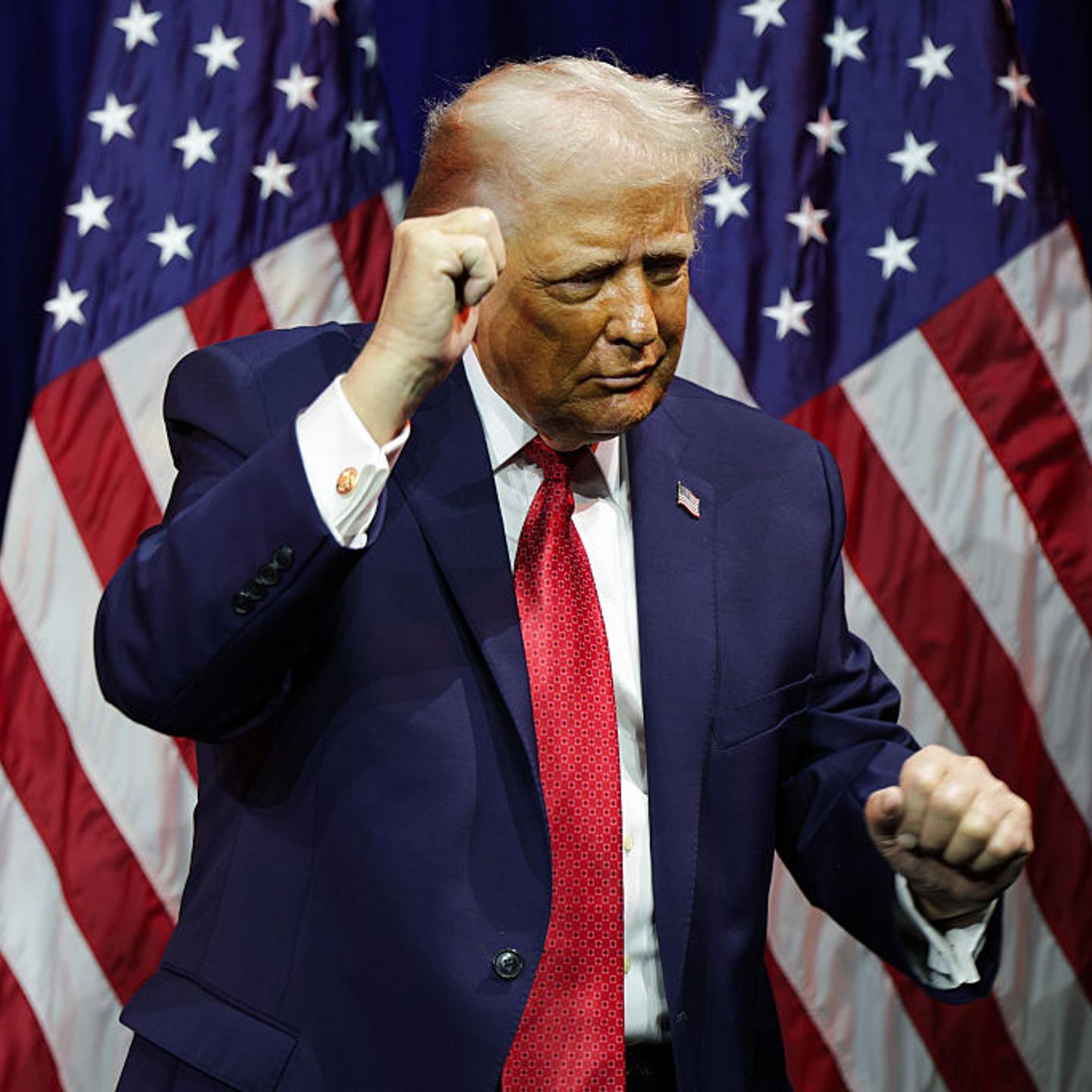U.S. President Donald Trump dances as he departs after speaking during a House Republican retreat at The John F. Kennedy Center for the Performing Arts in Washington, D.C. on Jan. 6, 2026.