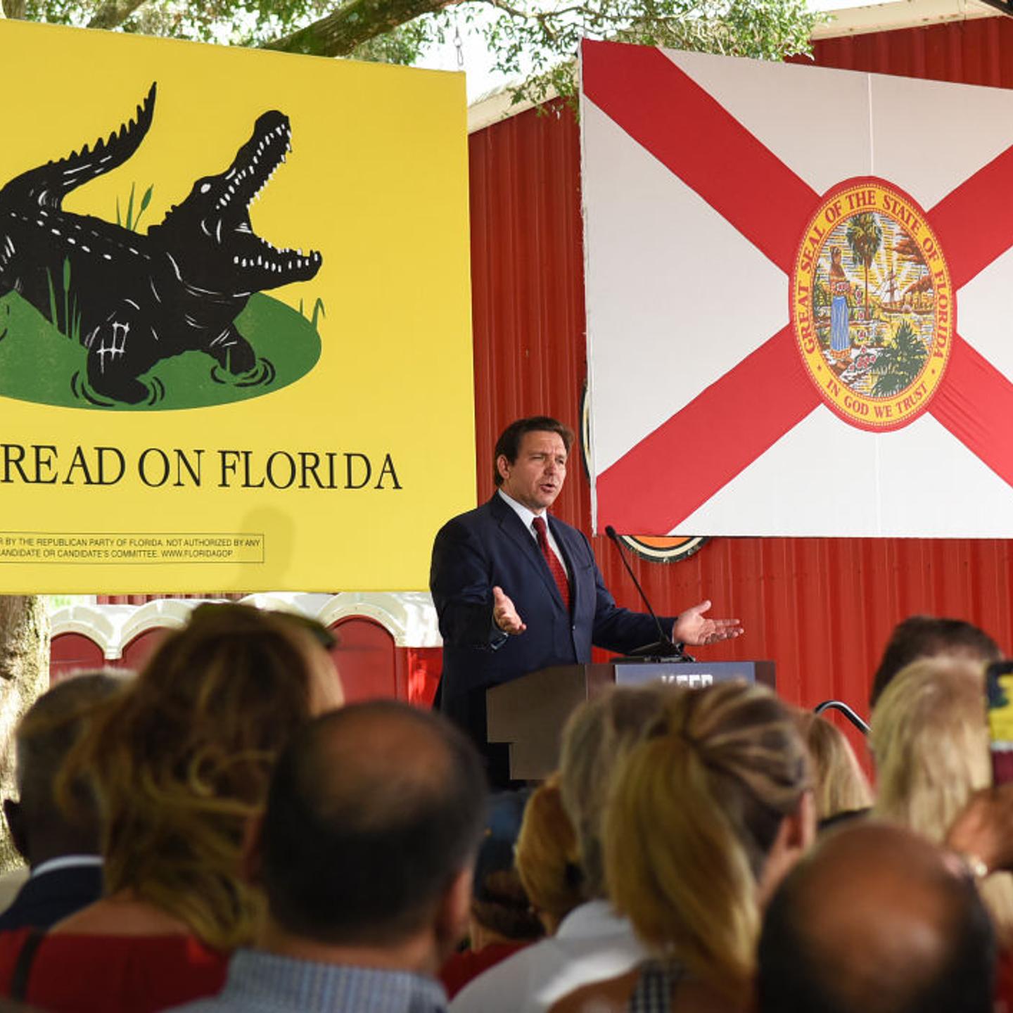 Florida Gov. Ron DeSantis speaks to supporters at a campaign