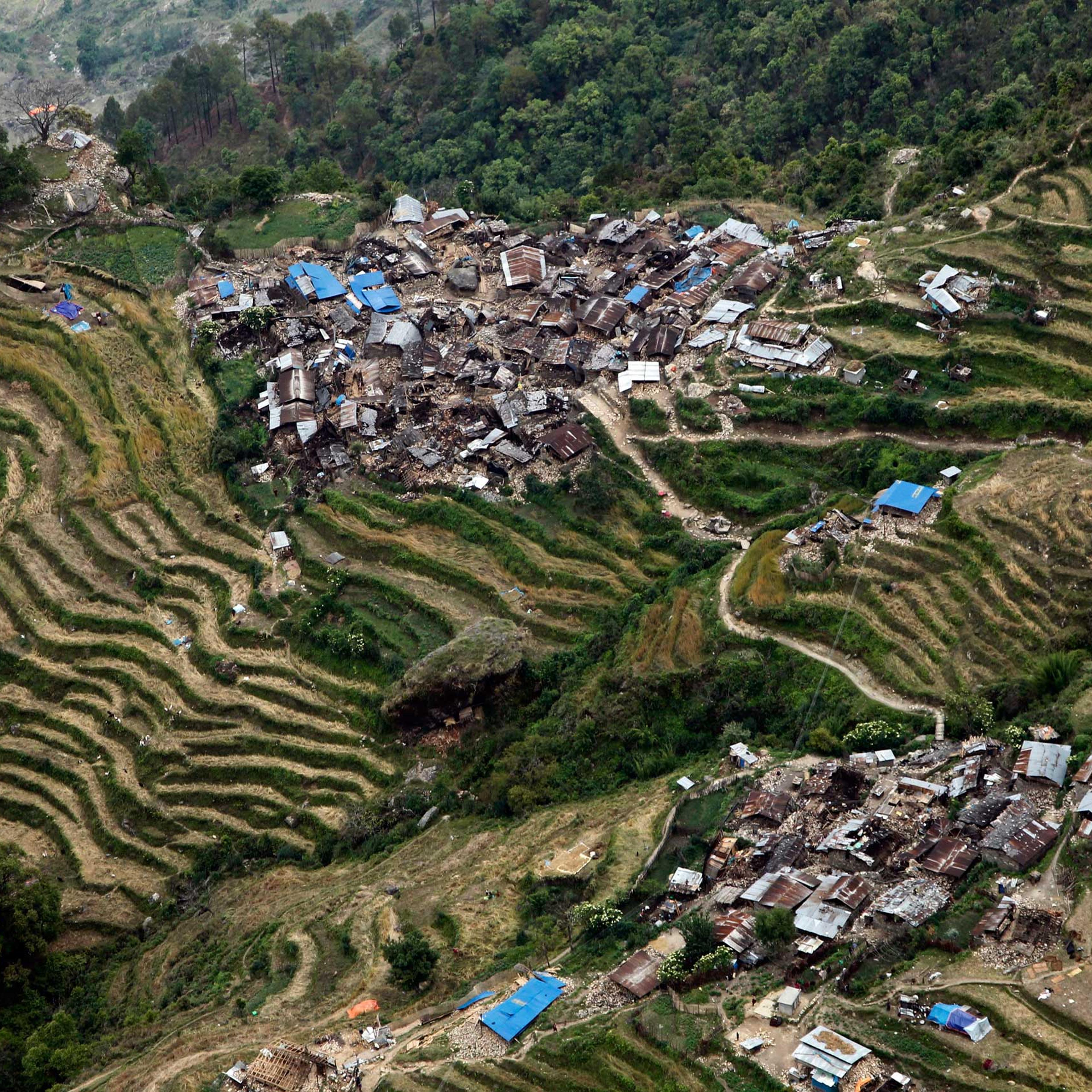 Destroyed villages sit on mountain tops near the epicenter of Saturday's massive earthquake, in the Gorkha District of Nepal on April 29, 2015.