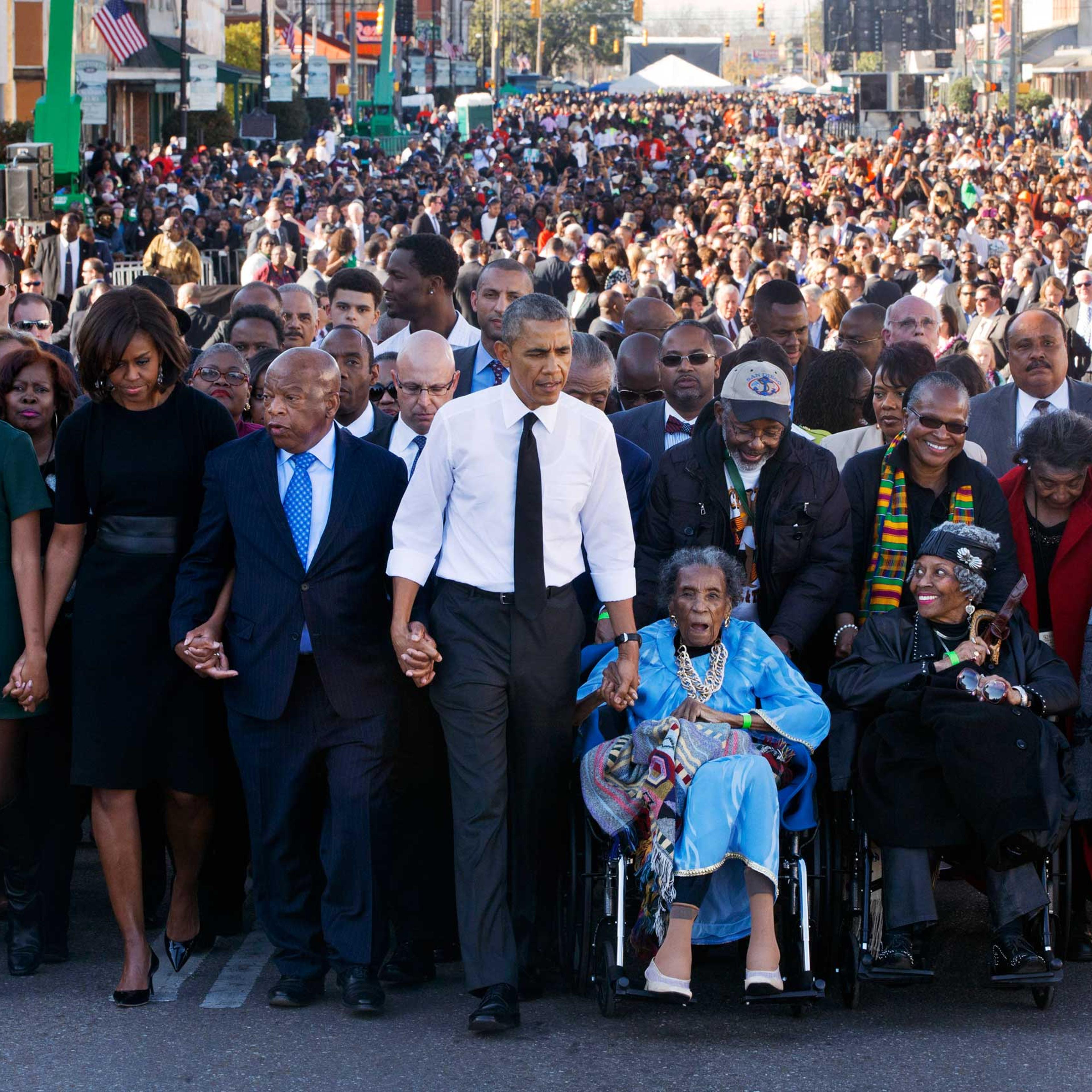 Barack Obama, Michelle Obama, Malia Obama, Sasha Obama, Marian Robinson, John Lewis, Amelia Boynton