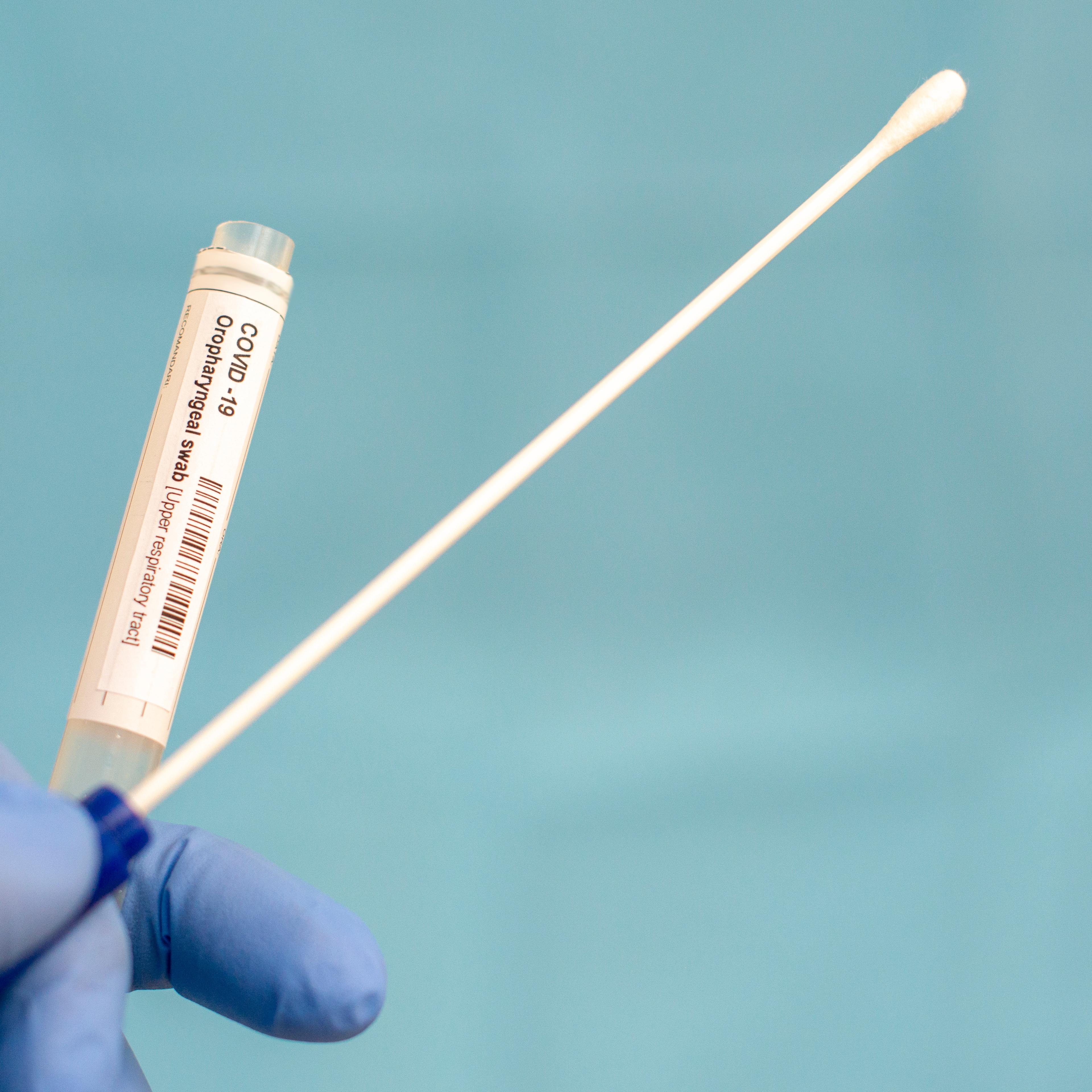 Cotton swab and test tube for Coronavirus test (COVID-19)), macro image of medical equipment in hands of healthcare professional