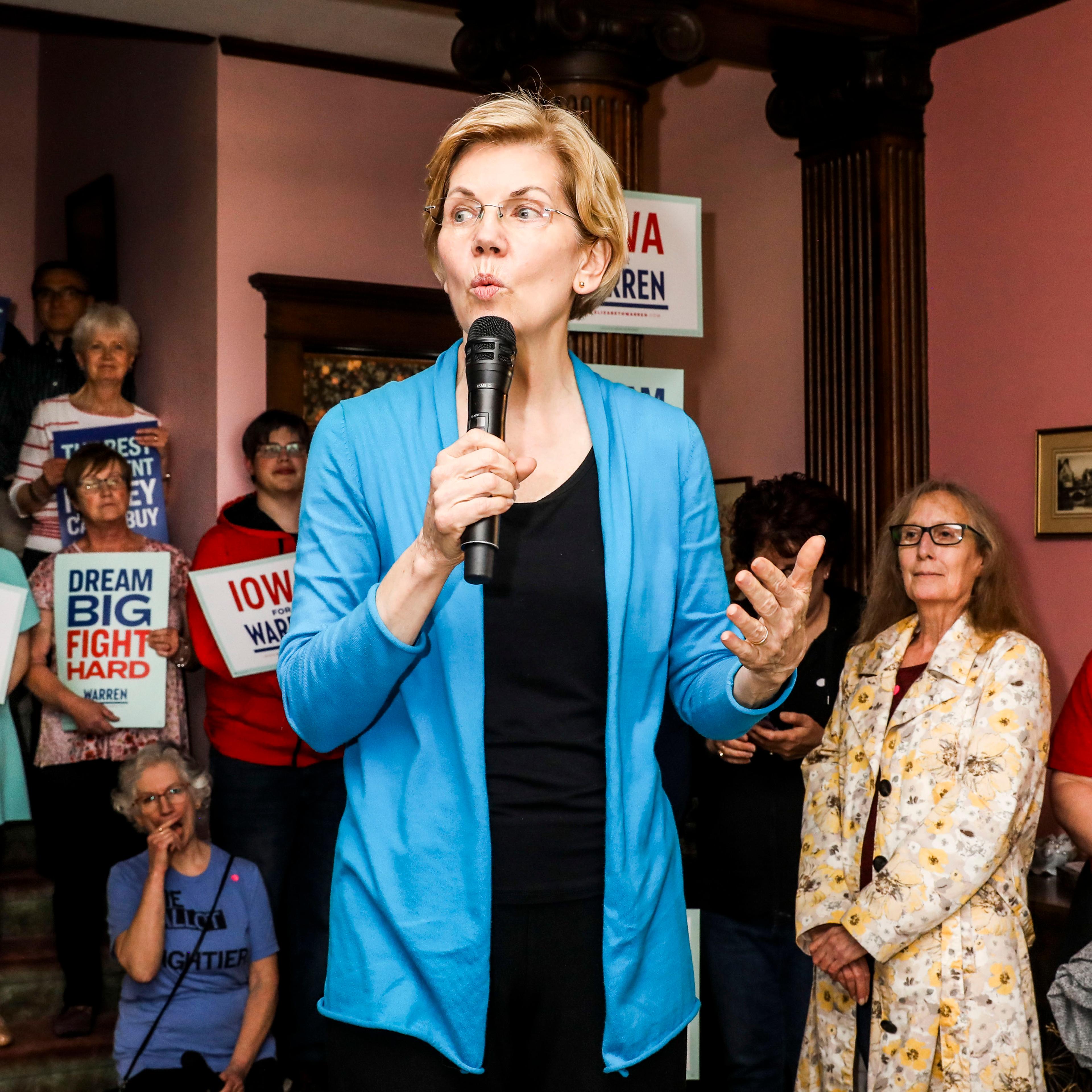 Elizabeth Warren speaks at the Iowa Falls House Party at Home of Rita Schoeneman - River’s Bend Bed & Breakfast on May 3, 2019, Iowa Falls, IA
