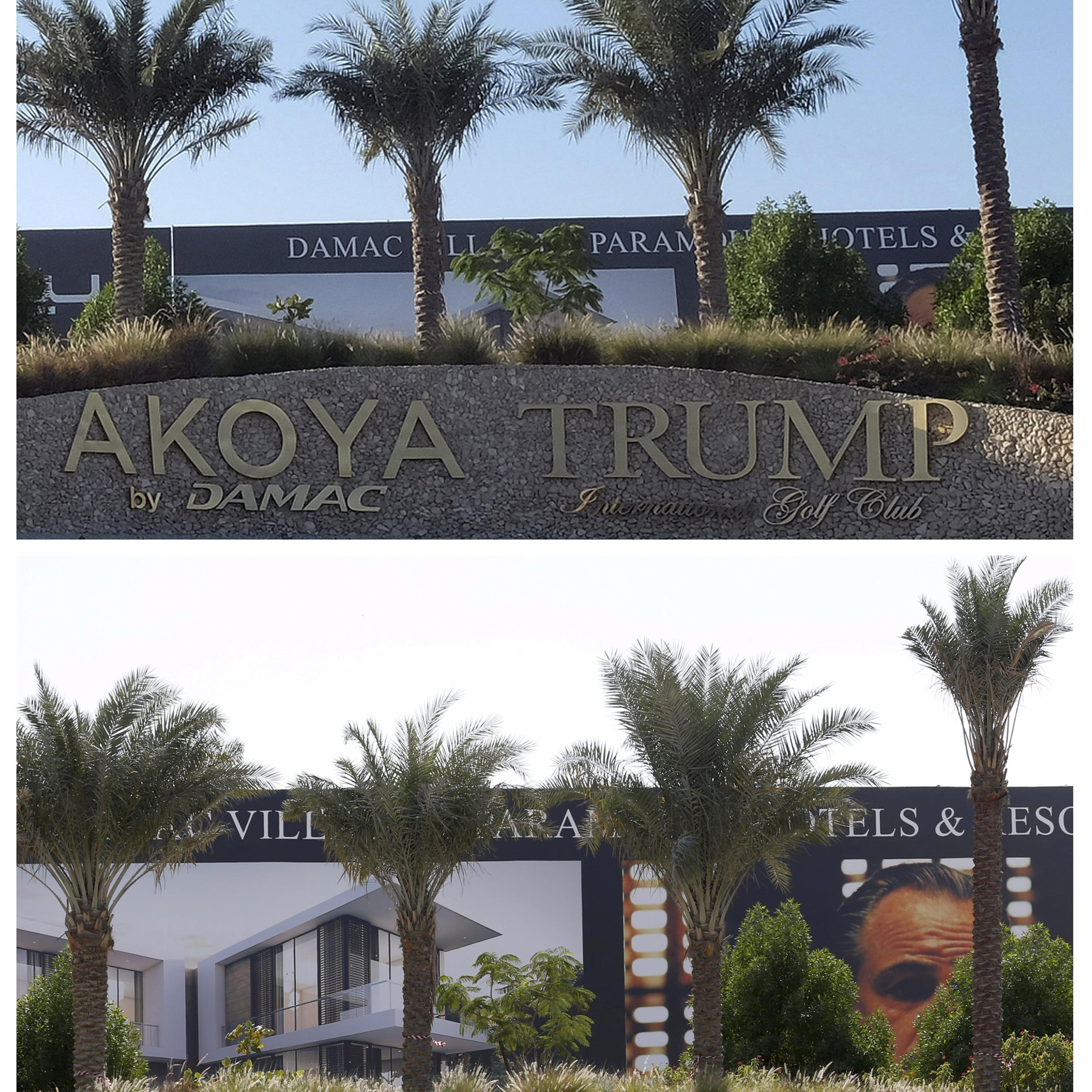 A combination picture shows the signboard before and after the removal of the Trump International Golf Club portion at the AKOYA by DAMAC development in Dubai