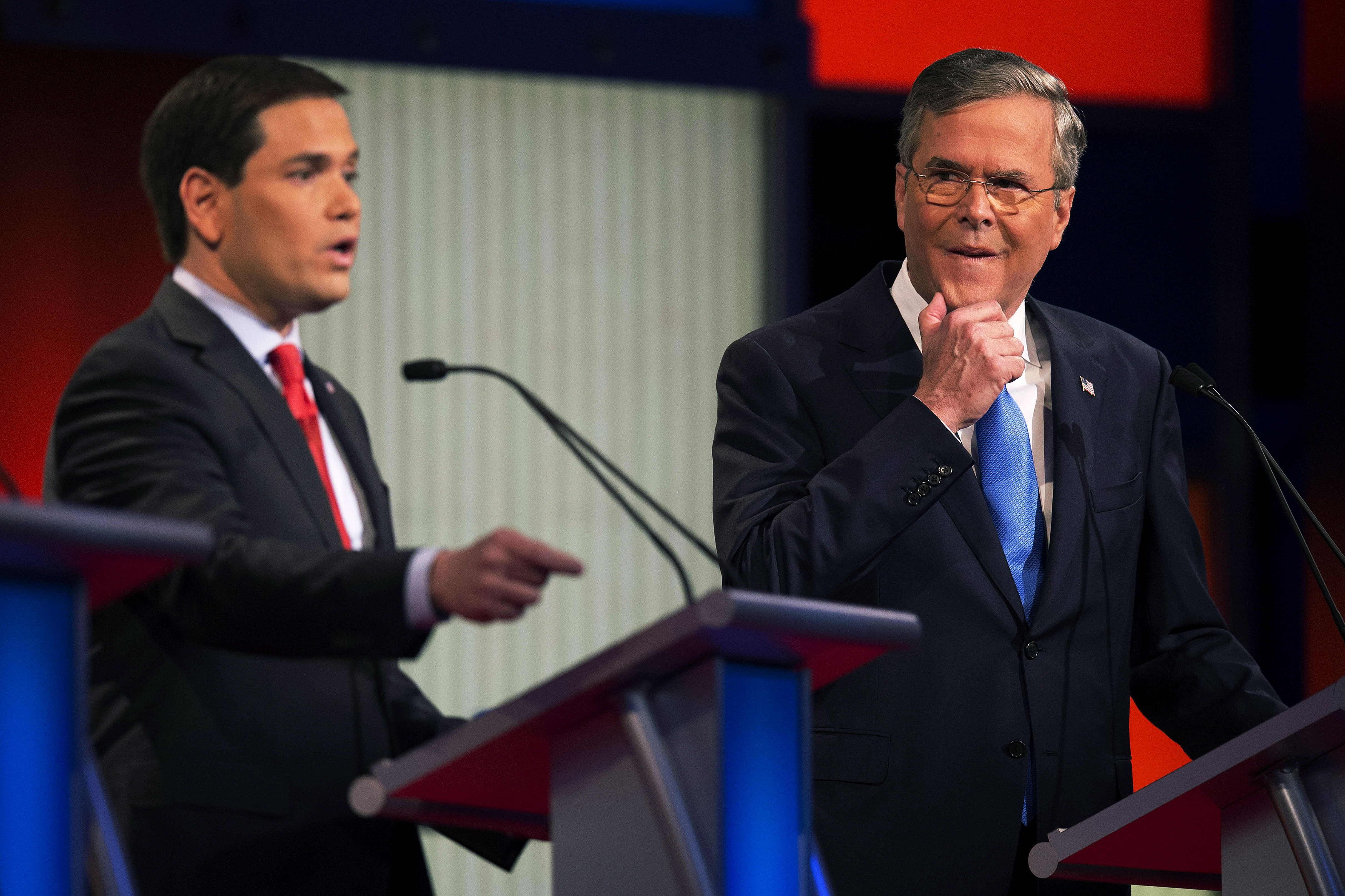 Republican Presidential candidates Florida Sen. Marco Rubio and former Florida Gov. Jeb Bush during the Republican presidential debate in Des Moines, Iowa on Jan. 28, 2016.