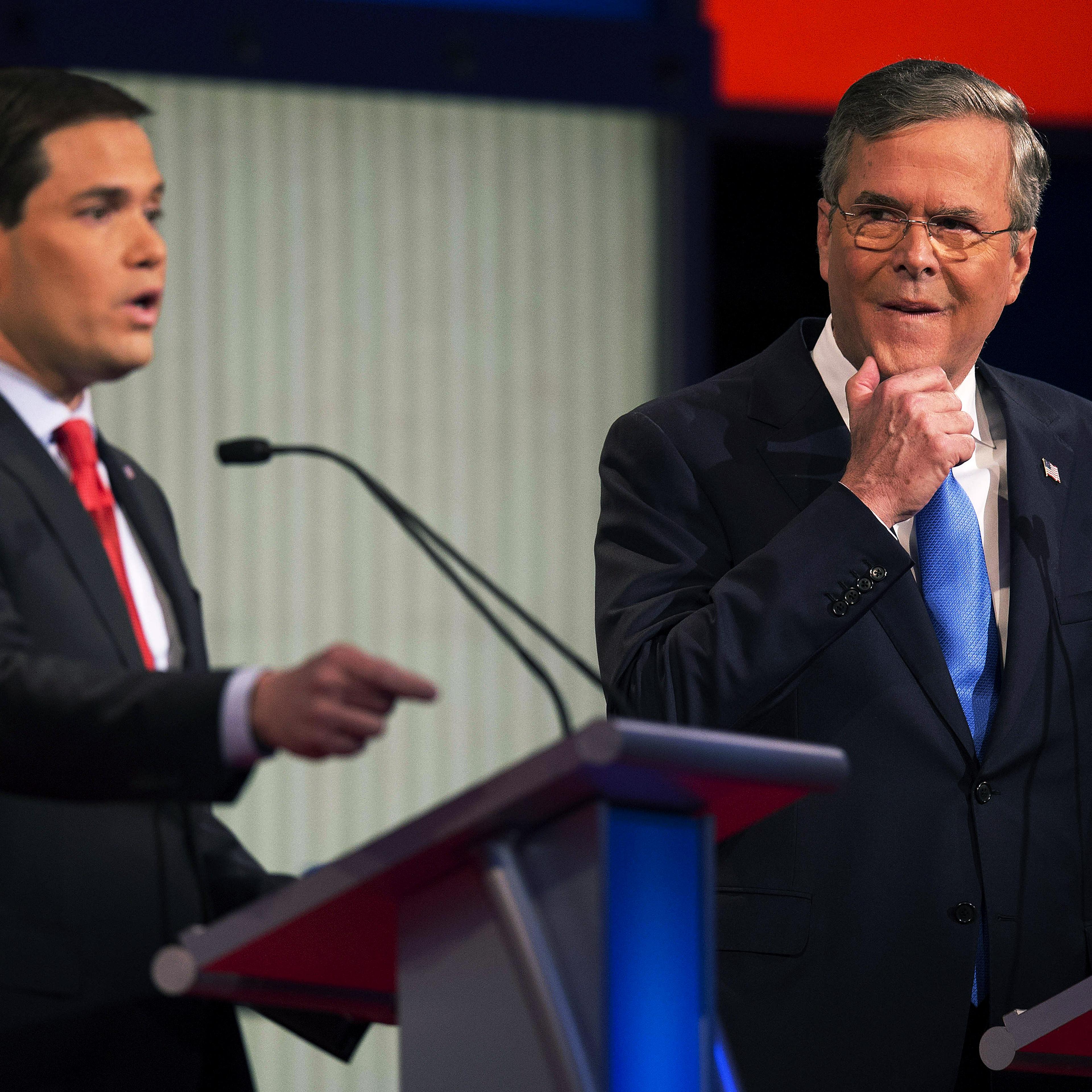 Republican Presidential candidates Florida Sen. Marco Rubio and former Florida Gov. Jeb Bush during the Republican presidential debate in Des Moines, Iowa on Jan. 28, 2016.