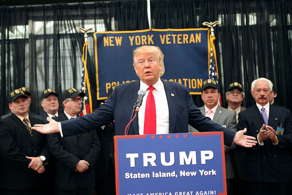 Donald Trump speaks at a press conference for the New York Veterans Police Association at the Hilton Garden Inn on April 17, 2016 in Staten Island.