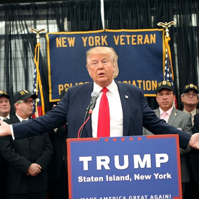 Donald Trump speaks at a press conference for the New York Veterans Police Association at the Hilton Garden Inn on April 17, 2016 in Staten Island.