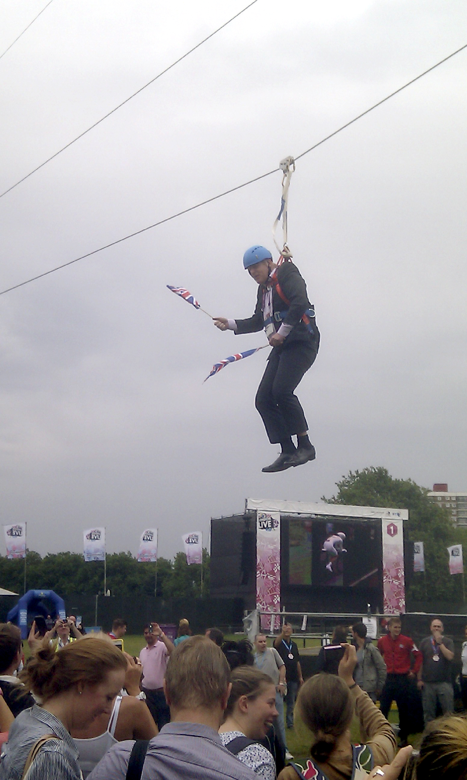 Boris Johnson got stuck on a zip-line during BT London Live in Victoria Park in London, Aug. 1, 2012.