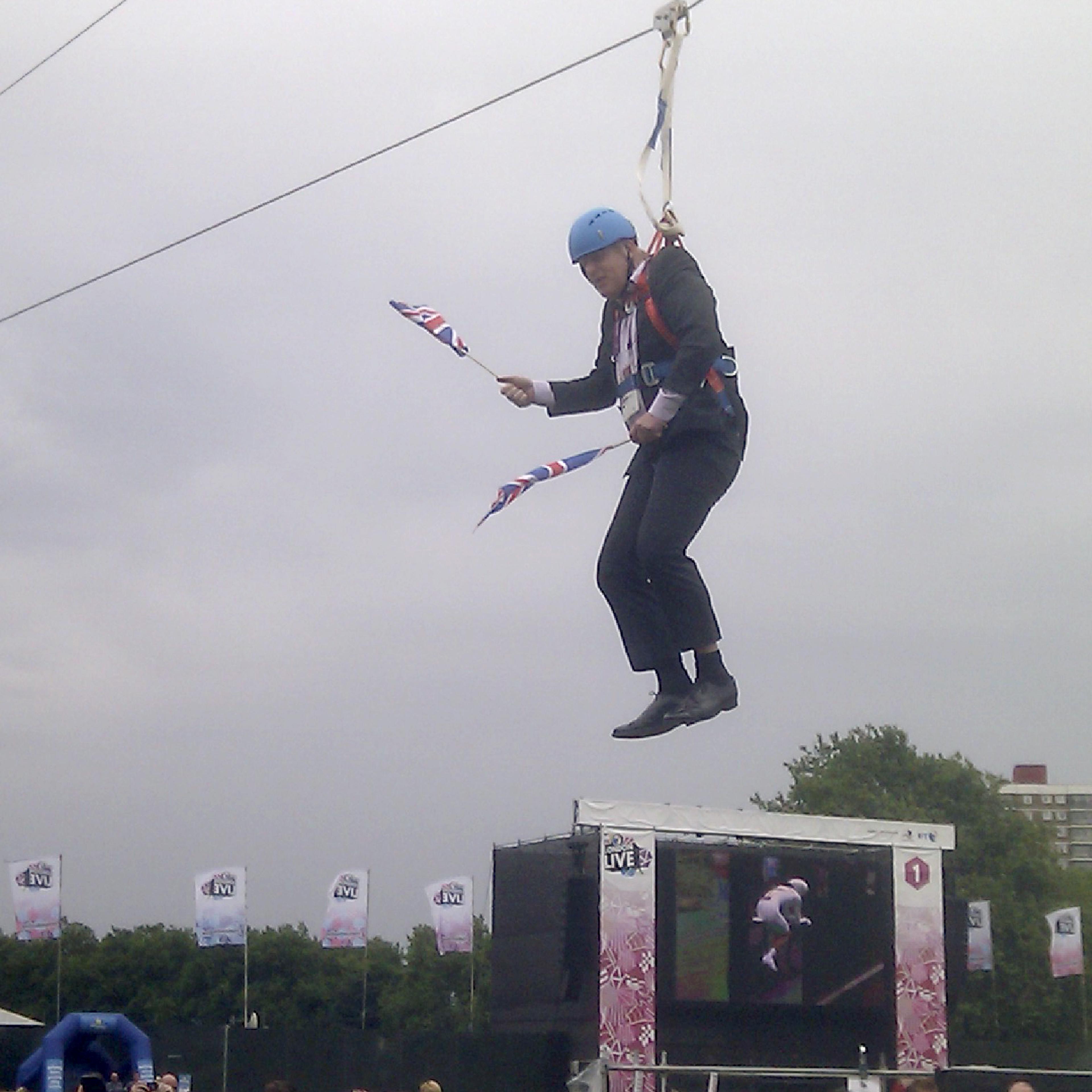 Boris Johnson got stuck on a zip-line during BT London Live in Victoria Park in London, Aug. 1, 2012.