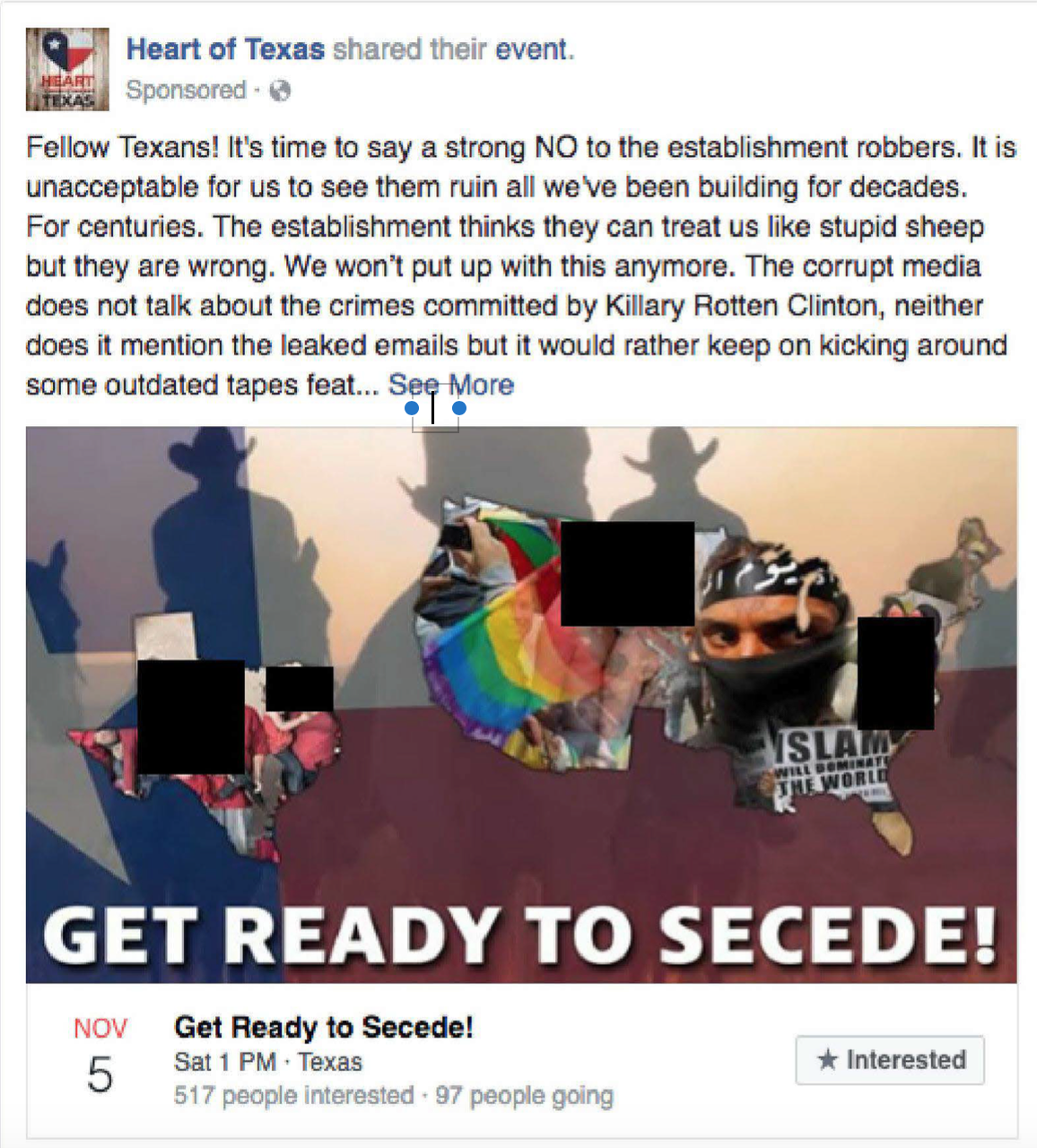 An advertisement posted on October 26th invites voters in Texas to an event advocating for secession based on the election results.