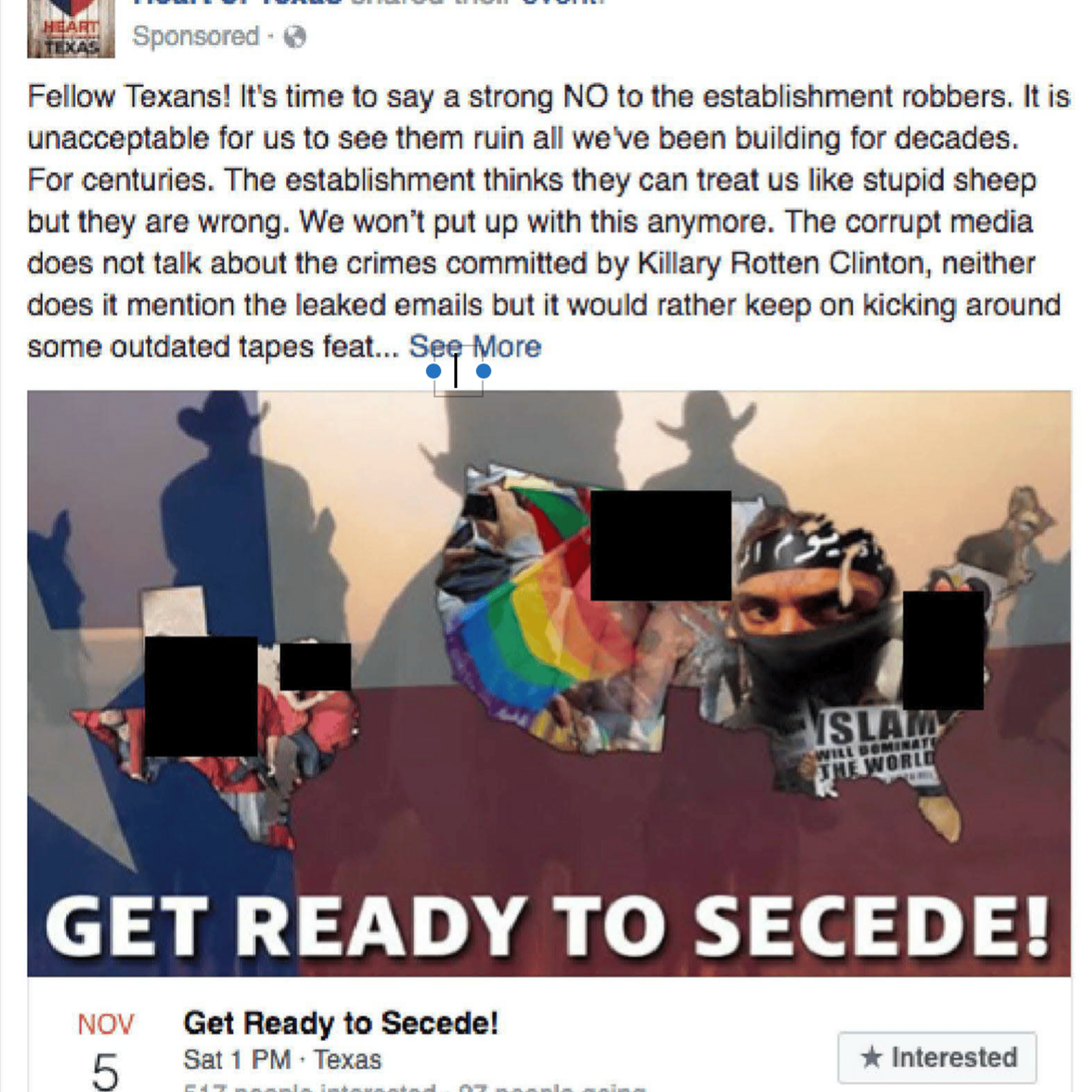 An advertisement posted on October 26th invites voters in Texas to an event advocating for secession based on the election results.