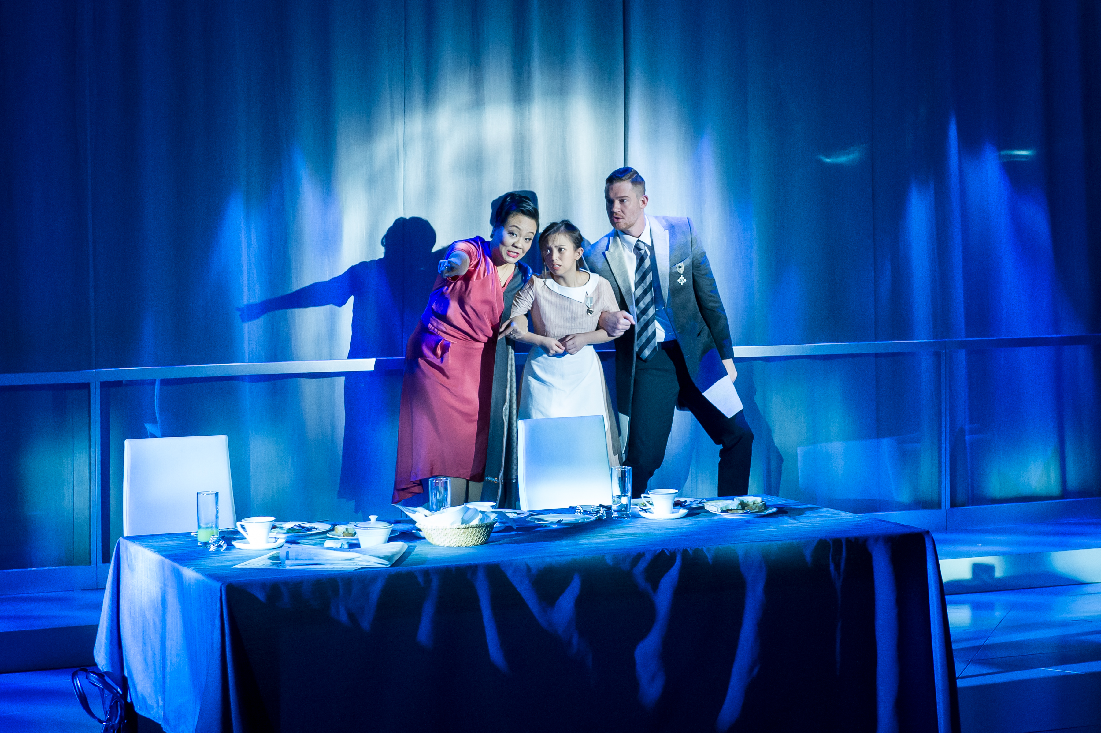 Ma'am (Amanda Li), Mila (Stefanie Quintin), and Sir (Joseph Beutel) performing Mila, a chamber opera at the Asia Society Hong Kong on January 20, 2018.
