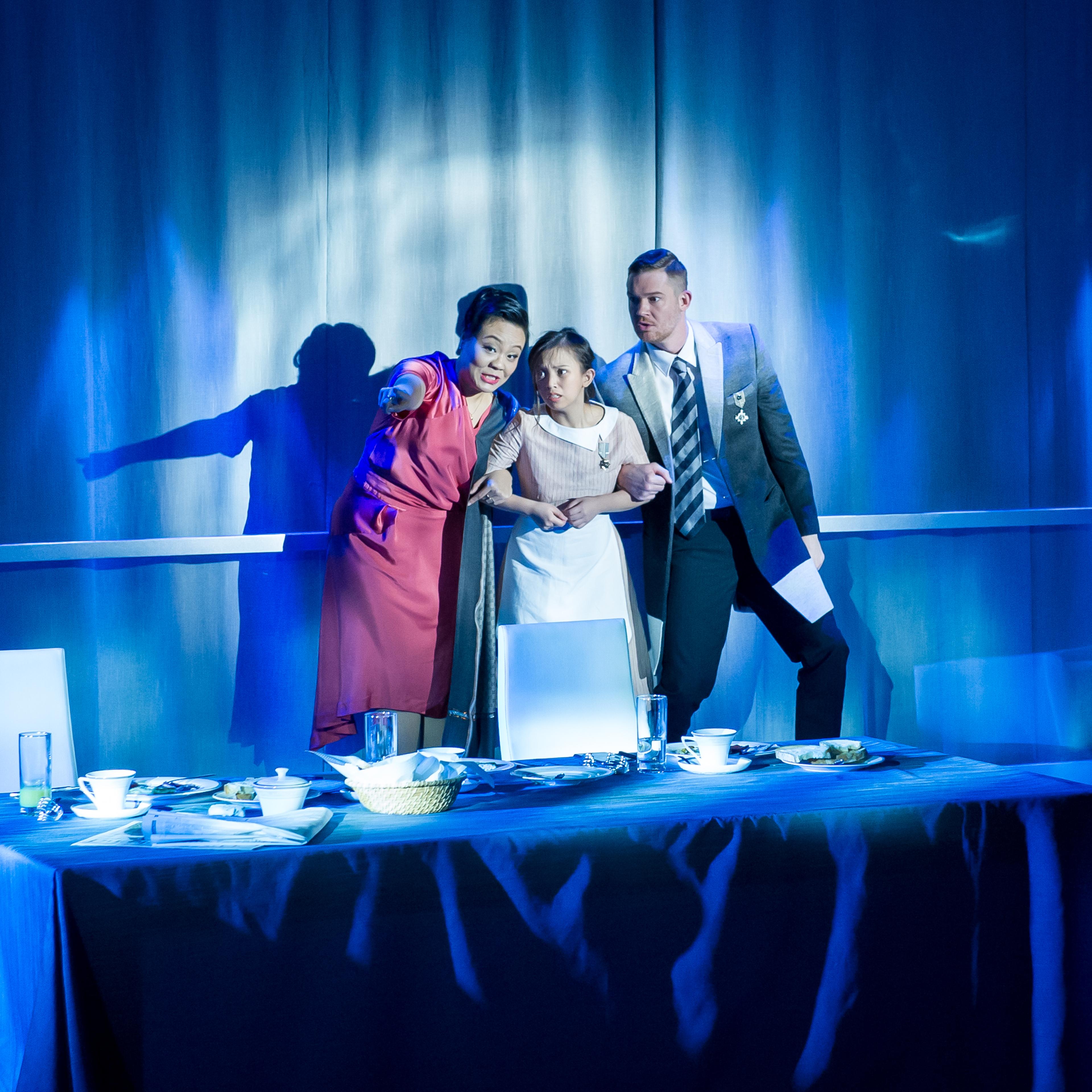 Ma'am (Amanda Li), Mila (Stefanie Quintin), and Sir (Joseph Beutel) performing Mila, a chamber opera at the Asia Society Hong Kong on January 20, 2018.