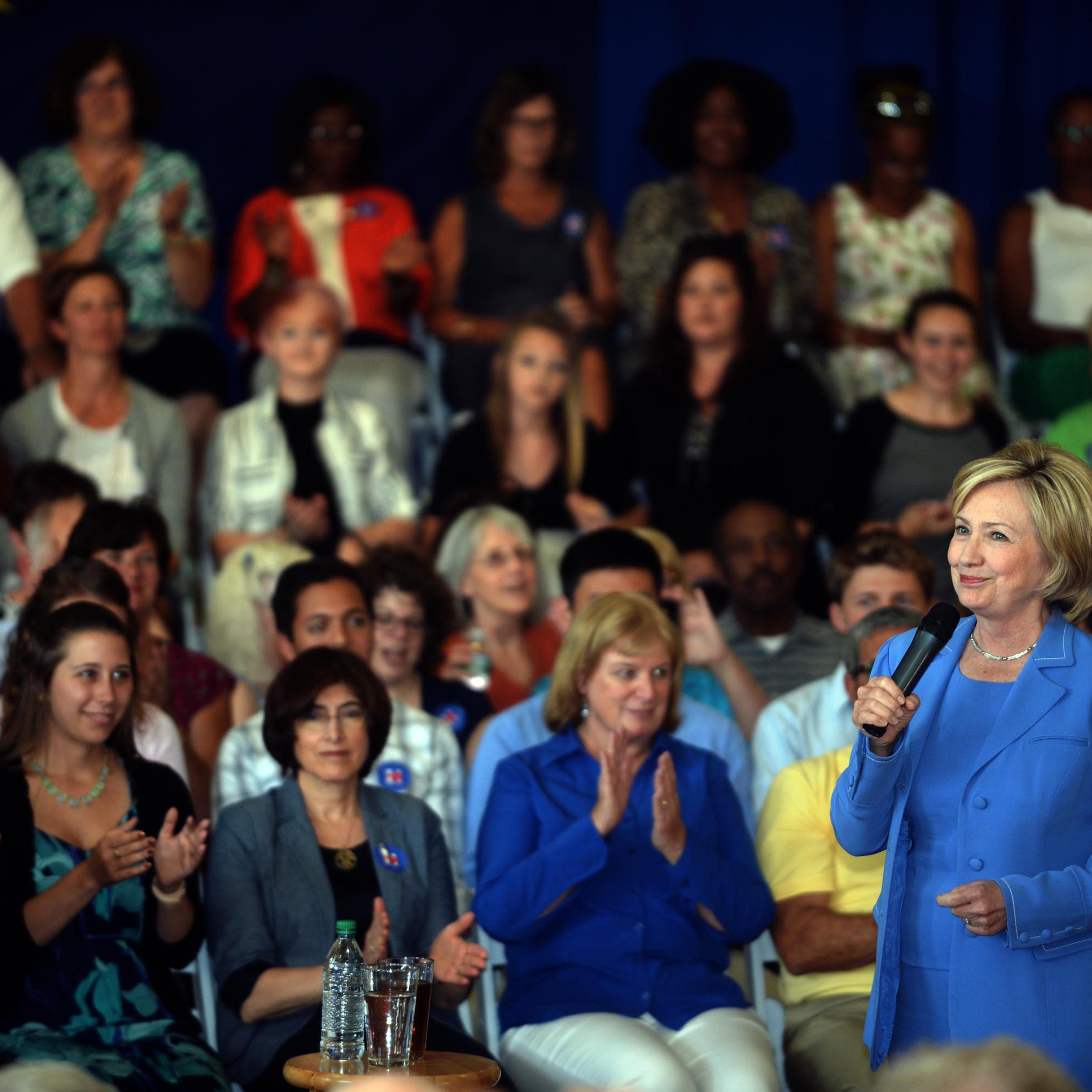 DOVER, NH - JULY 16: Democratic Presidential candidate Hillary Clinton speaks during a town hall event at Dover City Hall July 16, 2015 in Dover, New Hampshire. Clinton spoke about how to build an economy that will boost the middle class. (Photo by Darre