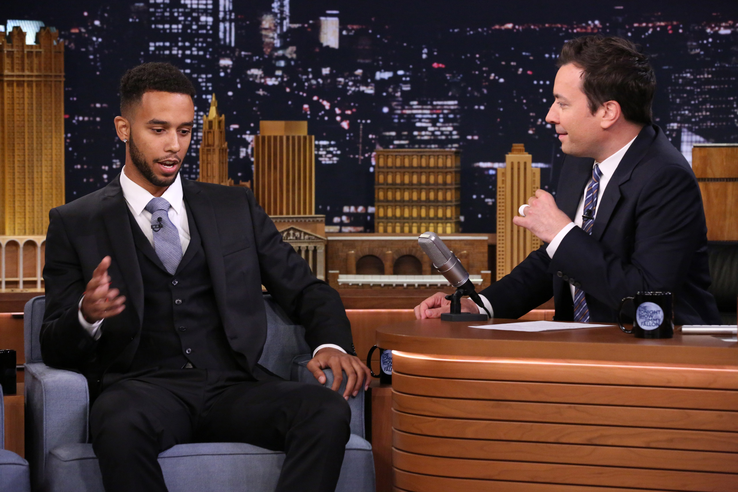 THE TONIGHT SHOW STARRING JIMMY FALLON -- Episode 0320 -- Pictured: (l-r) Anthony Sadler during an interview with host Jimmy Fallon on September 1, 2015 -- (Photo by: Douglas Gorenstein/NBC/NBCU Photo Bank via Getty Images)