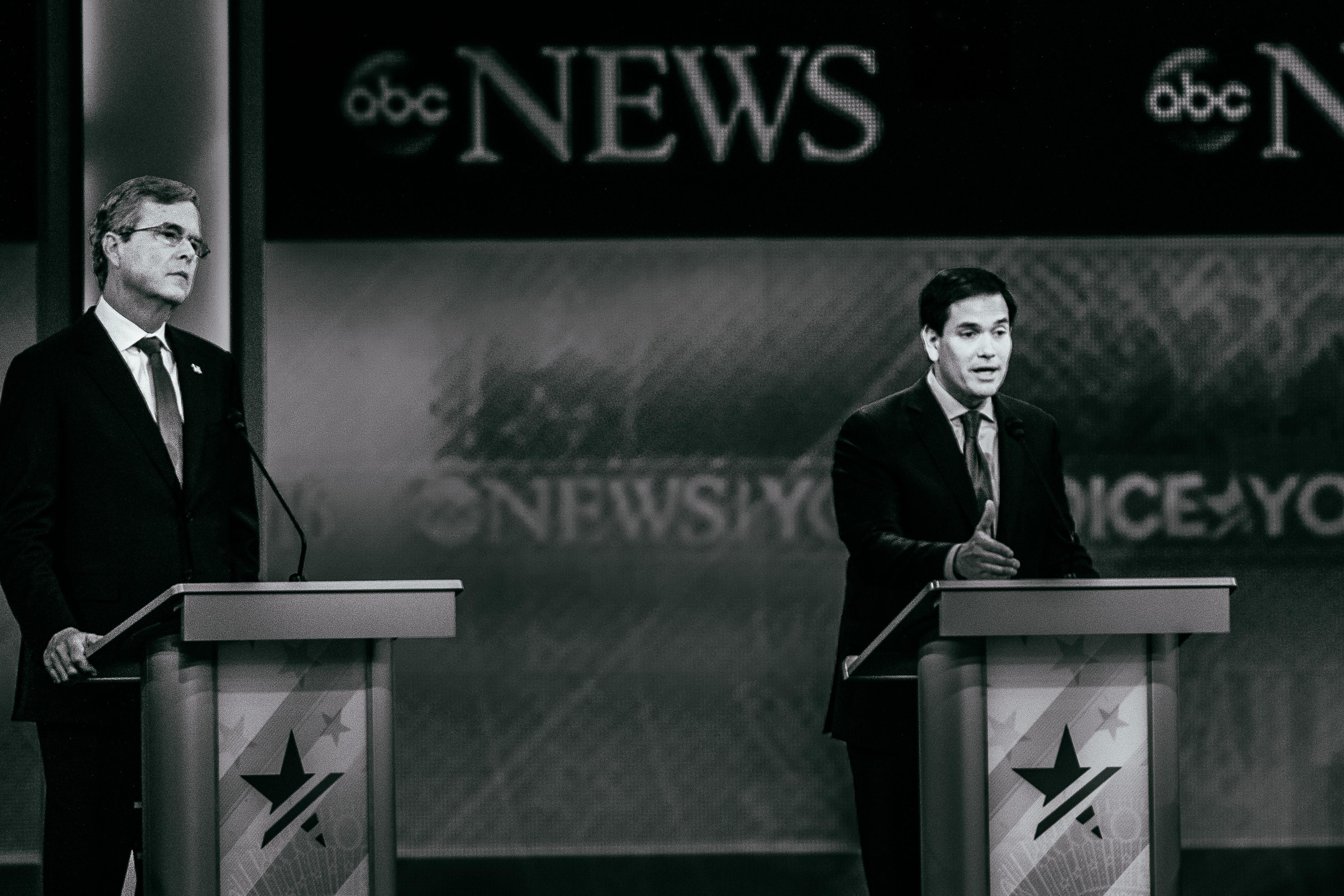 Republican presidential candidates Jeb Bush, left, and Marco Rubio participate during the Republican presidential debate on Feb. 6, 2016, in Manchester, N.H.