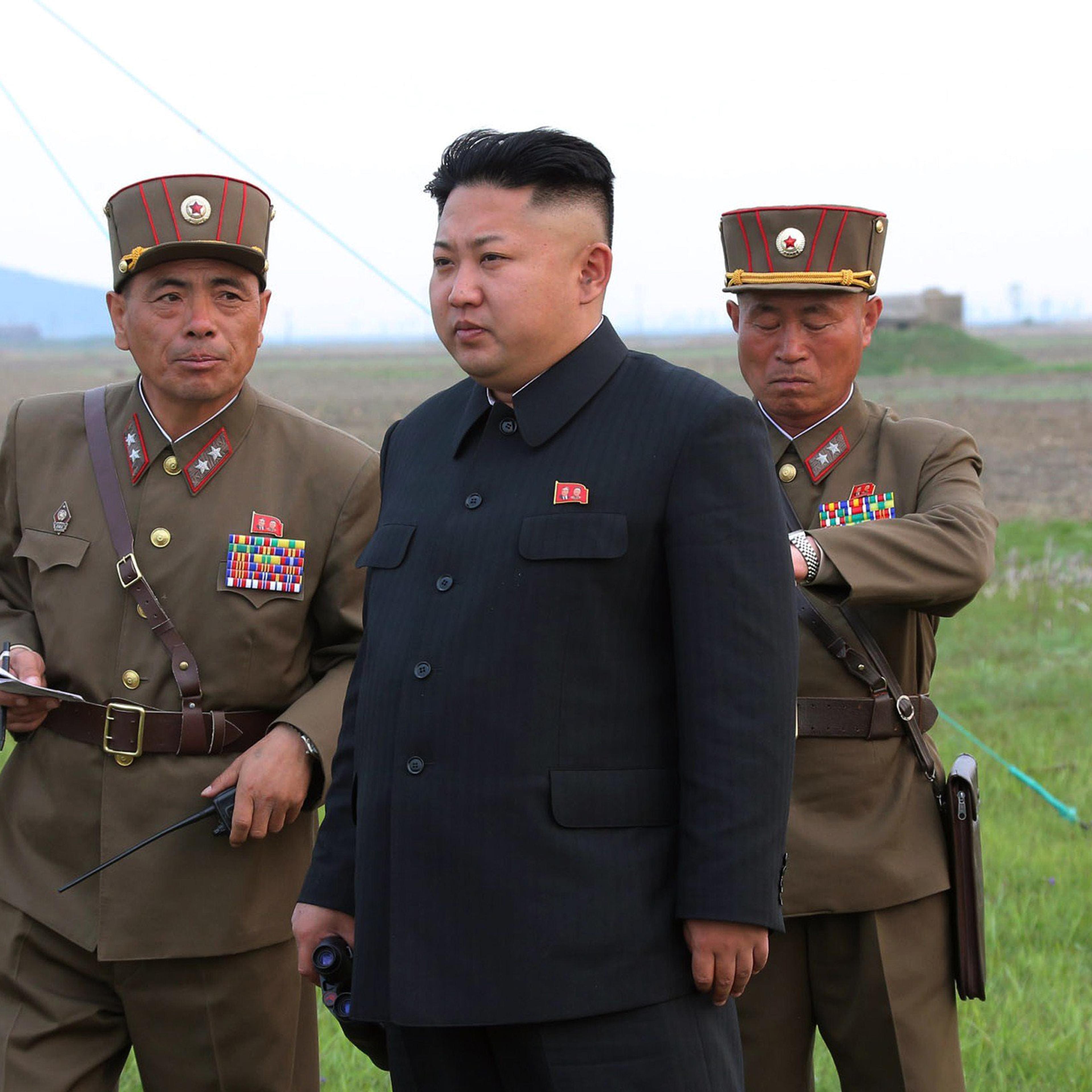 North Korean leader Kim Jong-Un inspecting a shelling drill of an artillery sub-unit under Korean People's Army Unit 681 at undisclosed place in North Korea, in undated picture released on April 26, 2014.