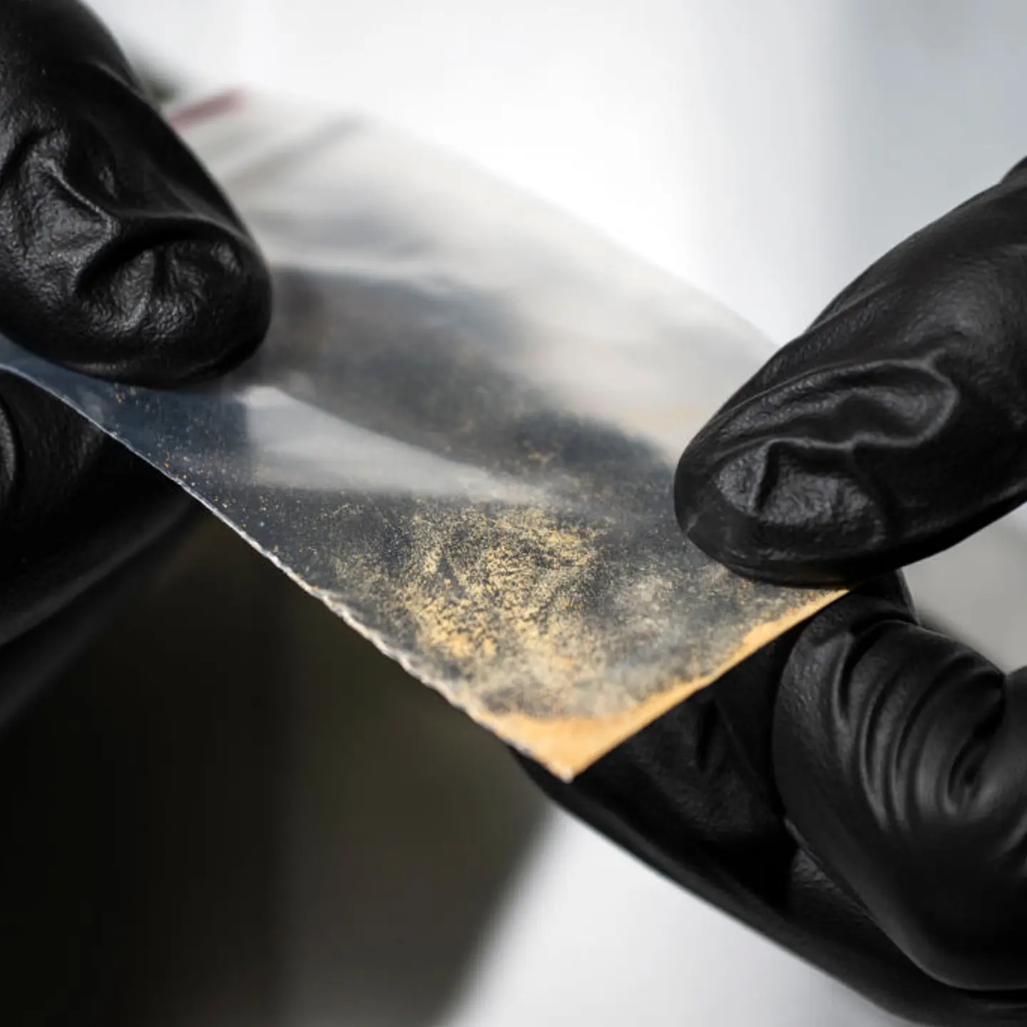 Two hands in black gloves hold a bag containing a sample of nitazene powder.