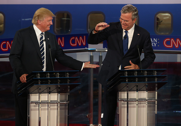 Republican presidential candidates Donald Trump (L) and Jeb Bush take part in the presidential debates at the Reagan Library on September 16, 2015 in Simi Valley, California.