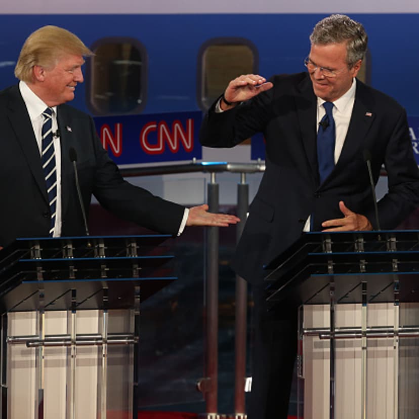 Republican presidential candidates Donald Trump (L) and Jeb Bush take part in the presidential debates at the Reagan Library on September 16, 2015 in Simi Valley, California.
