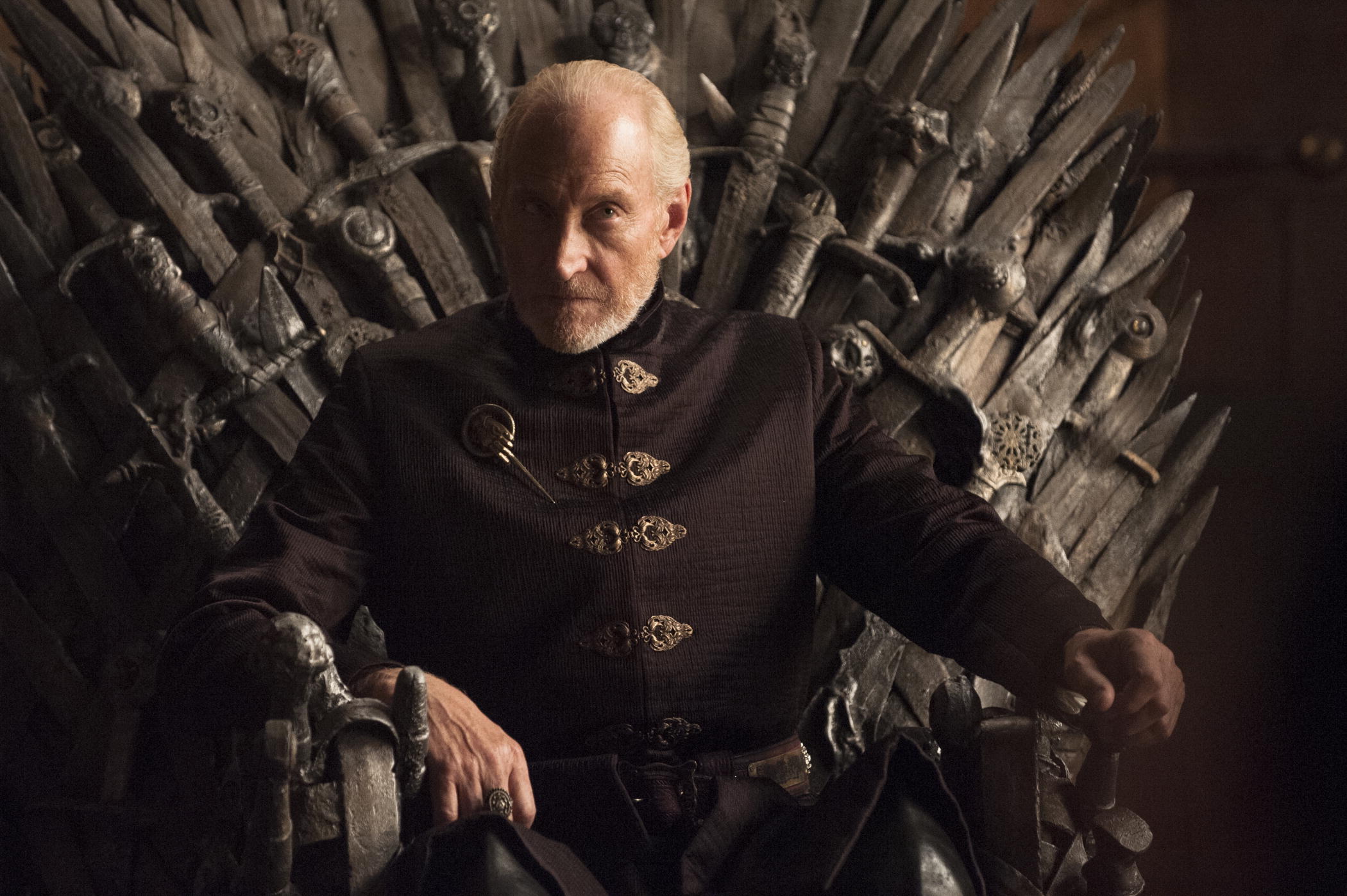 Tywin (Charles Dance) on what is, alas, not the final throne he occupied.
