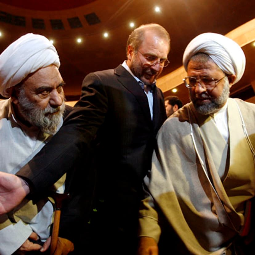 Tehran's Mayor Mohammad Bagher Ghalibaf (C) at the Telecommunication Milad Tower opening ceremony