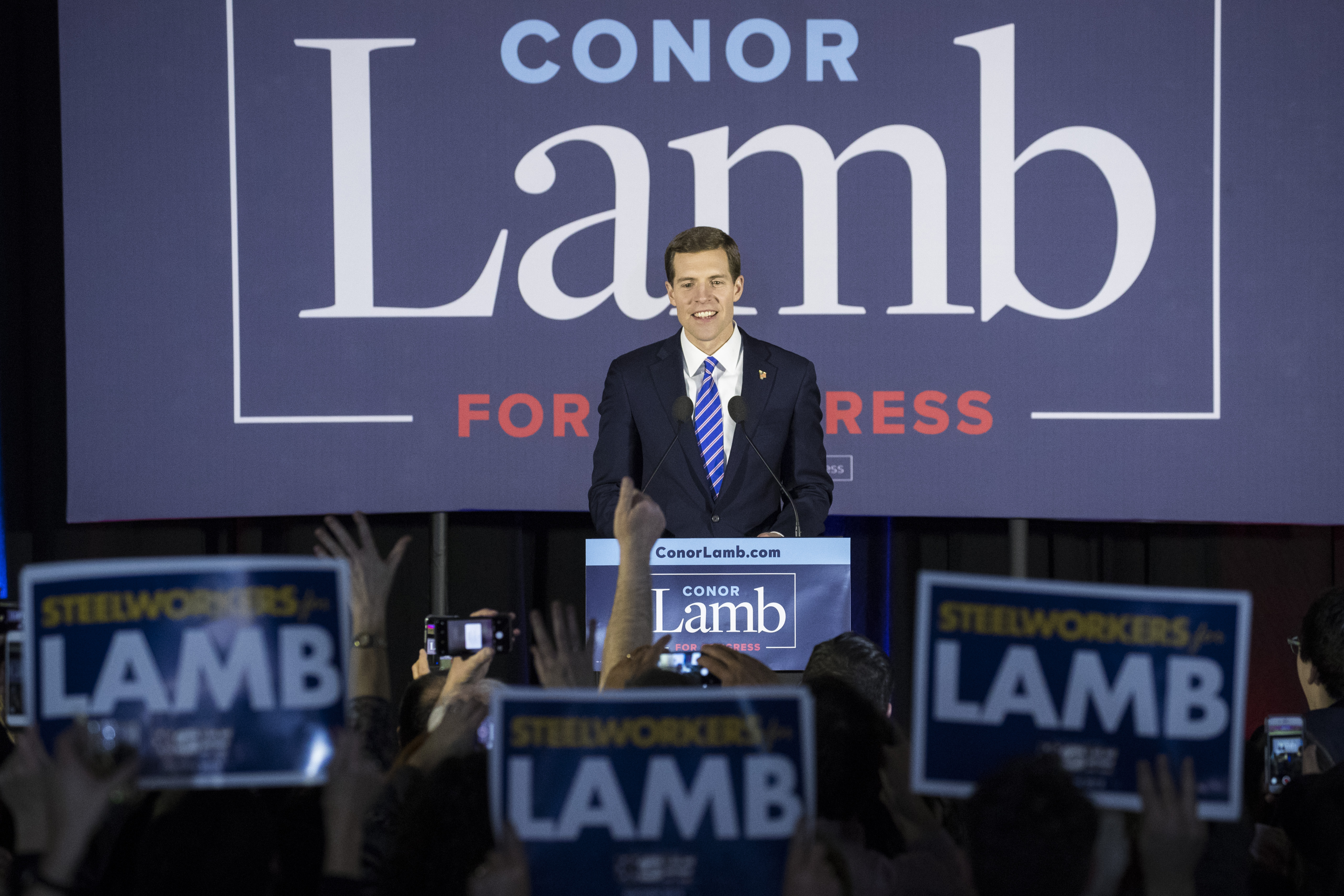 Conor Lamb, Democratic congressional candidate for Pennsylvania's 18th district, speaks to supporters at an election night rally March 14, 2018 in Canonsburg, Pennsylvania.