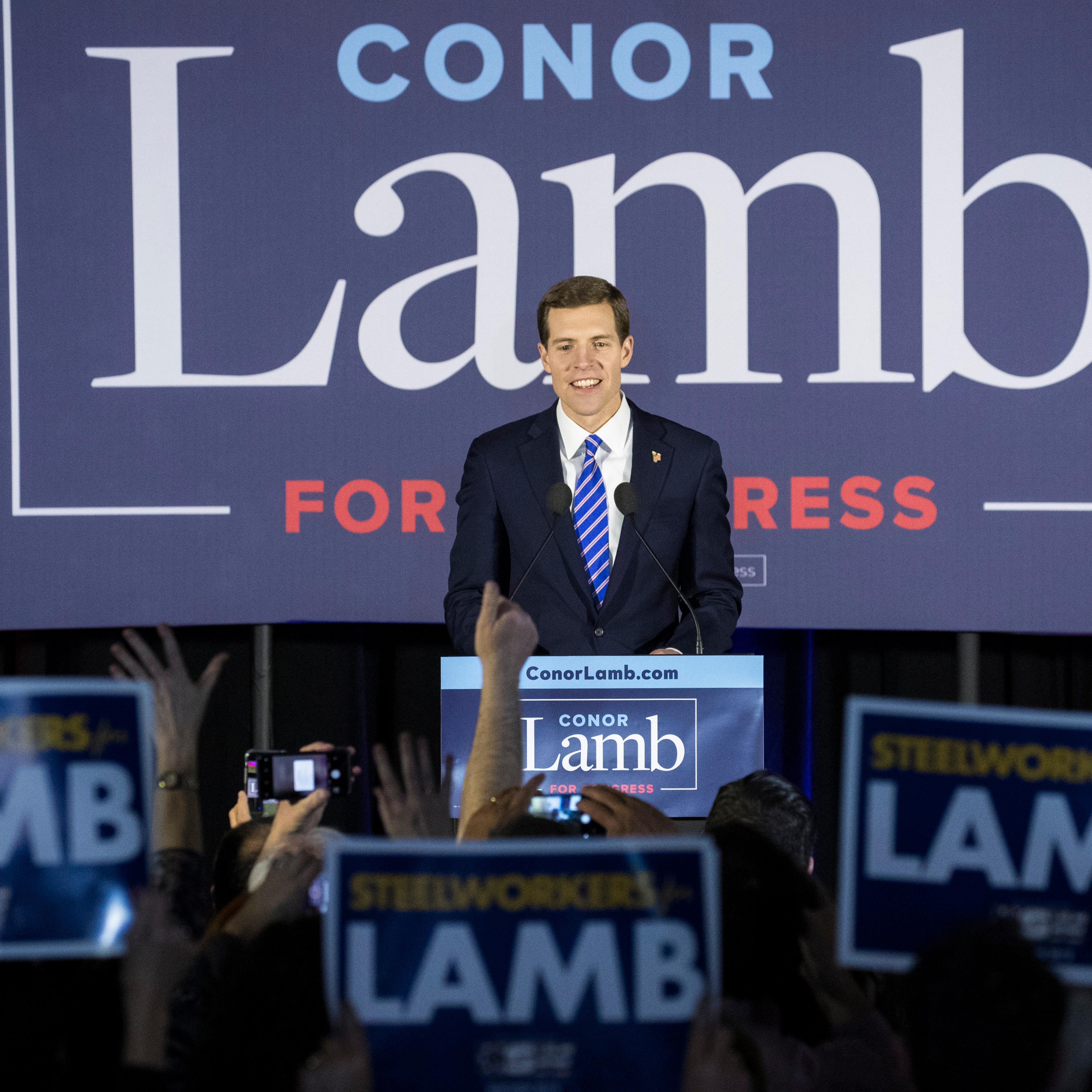 Conor Lamb, Democratic congressional candidate for Pennsylvania's 18th district, speaks to supporters at an election night rally March 14, 2018 in Canonsburg, Pennsylvania.