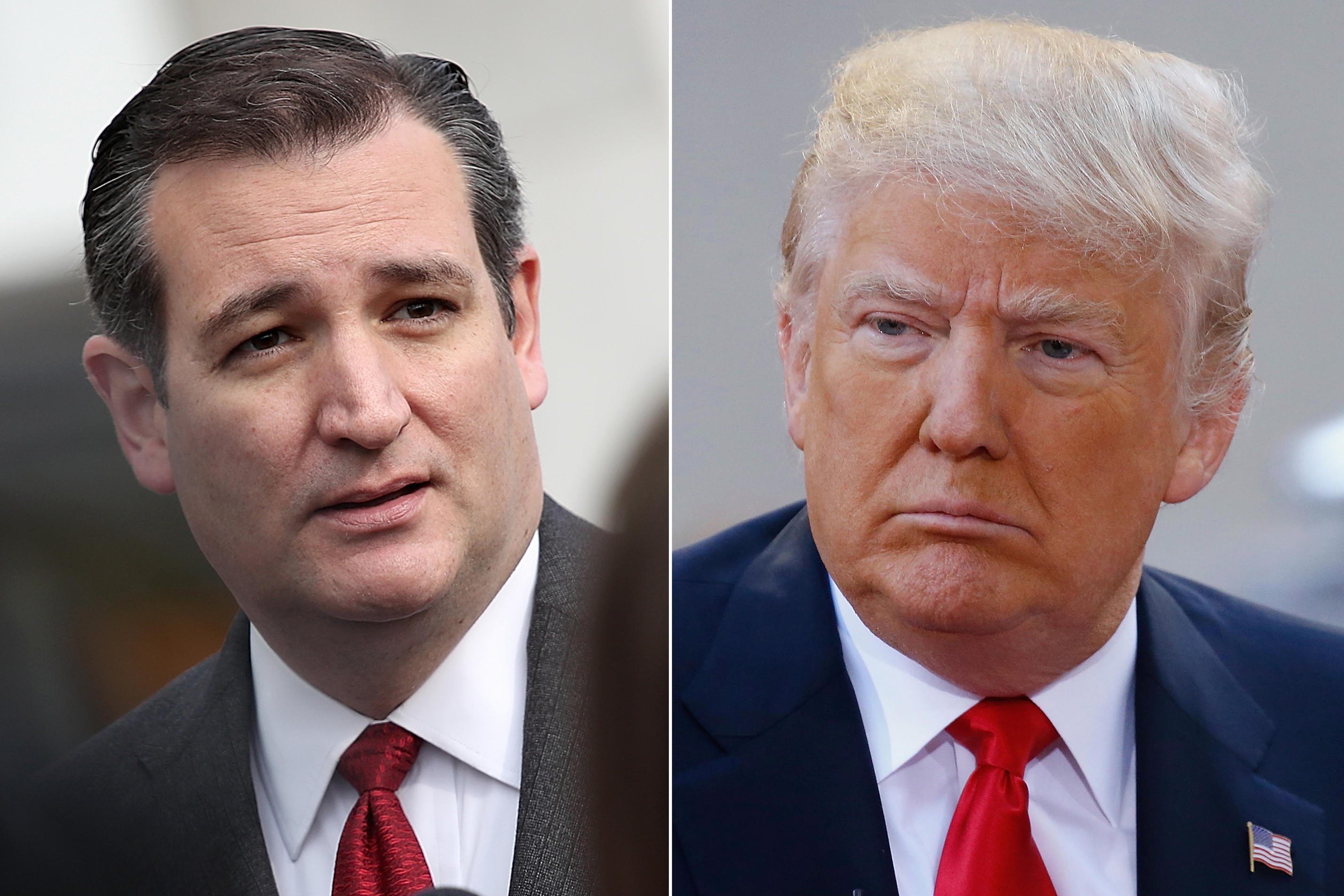 Ted Cruz in Washington, DC, on March 22, 2016 (L);  Donald Trump in New York City, on April 21, 2016.
