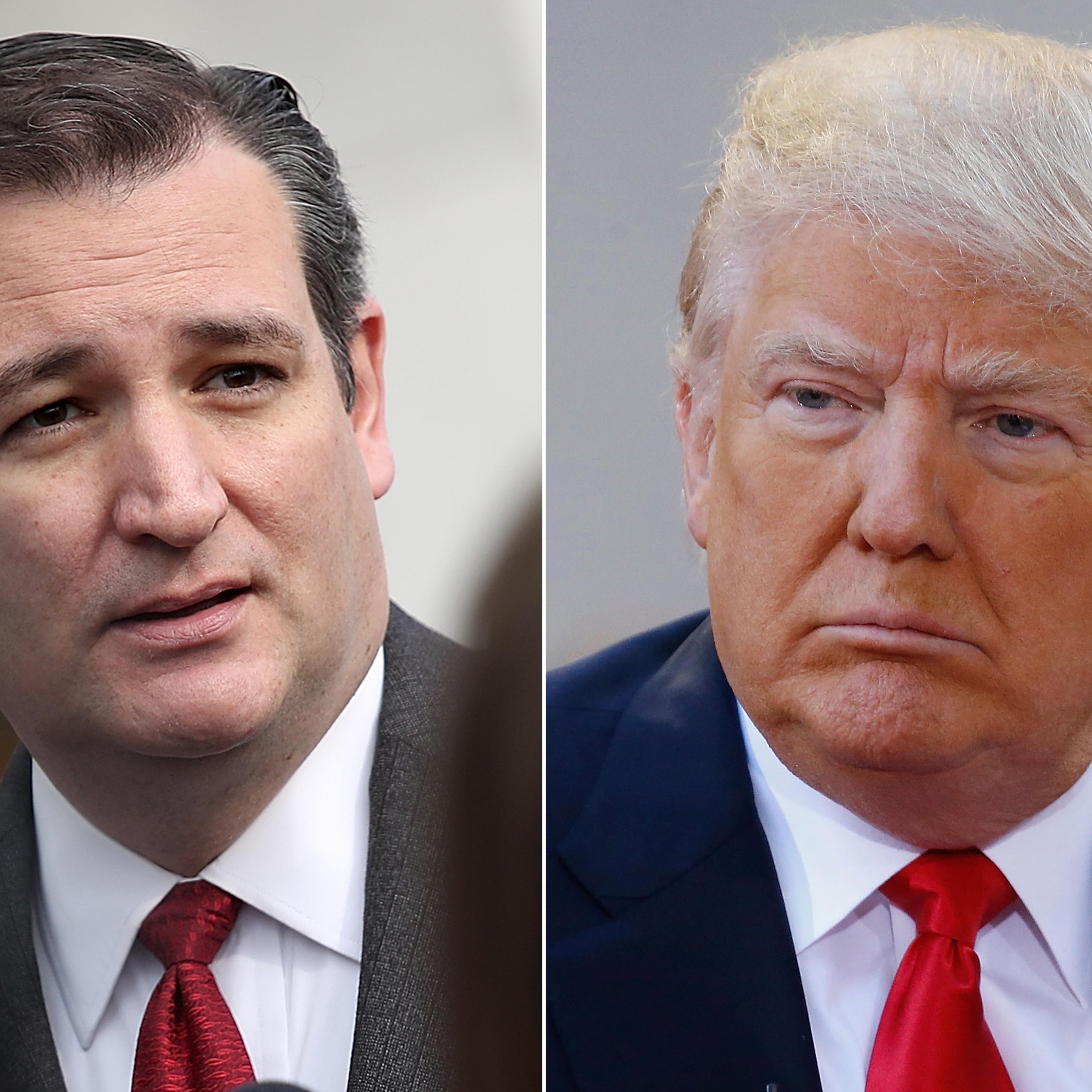 Ted Cruz in Washington, DC, on March 22, 2016 (L); Donald Trump in New York City, on April 21, 2016.