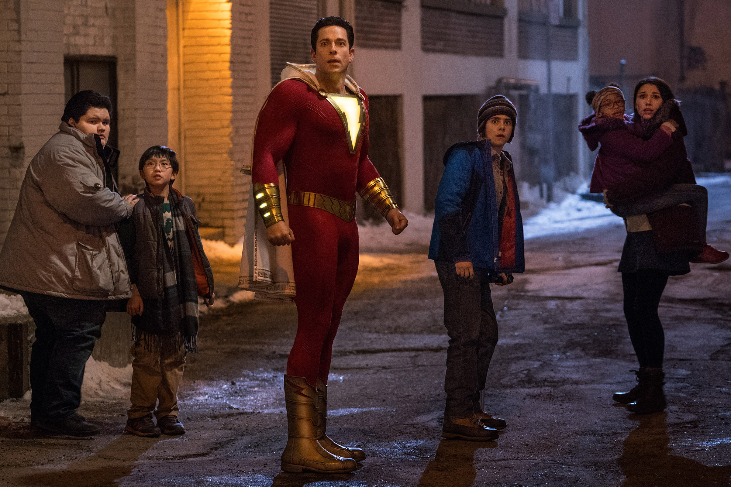 Levi and friends in Shazam!, a comic-book movie that takes itself just seriously enough