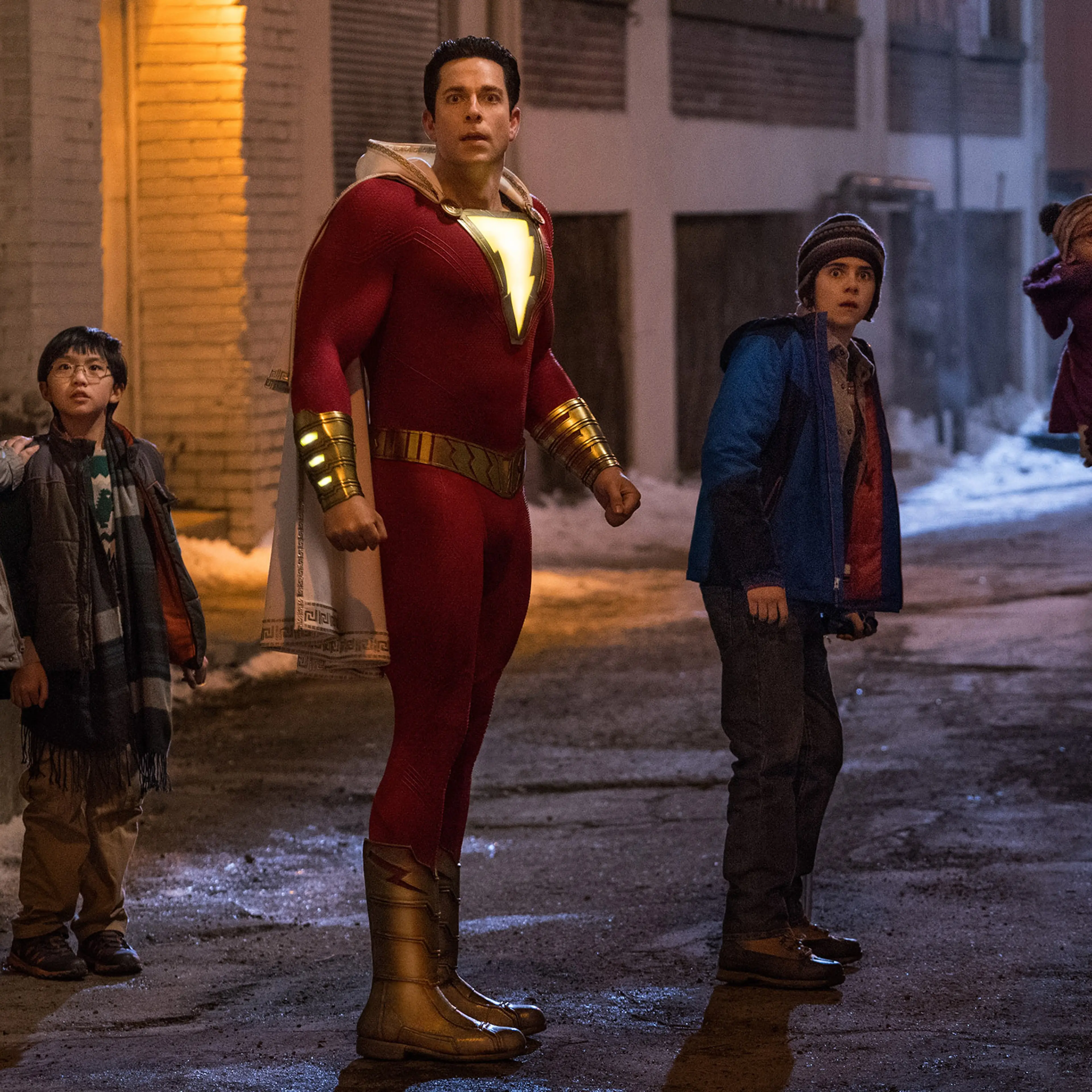 Levi and friends in Shazam!, a comic-book movie that takes itself just seriously enough