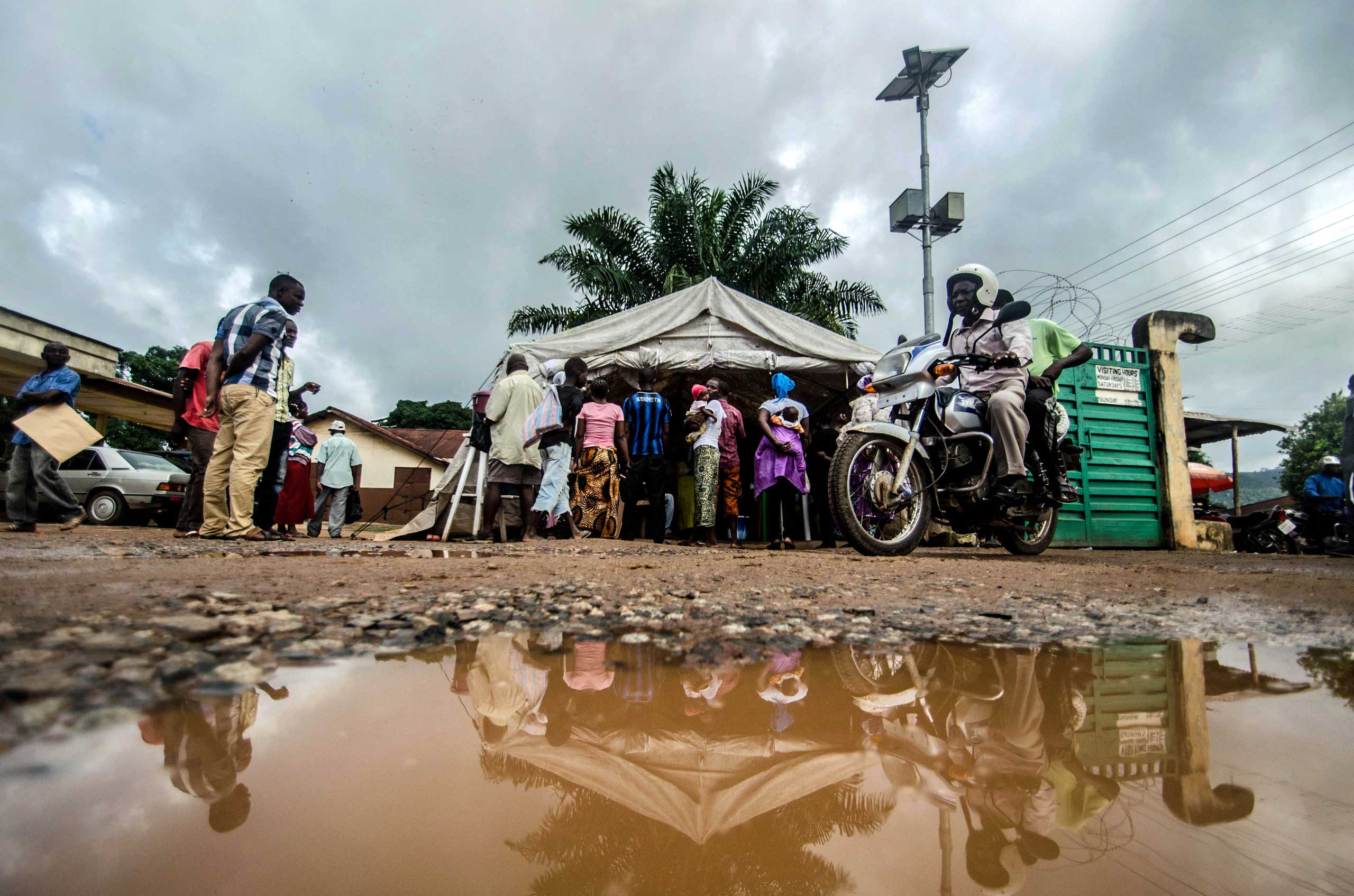 An Ebola screening tent outside the Kenema government hospital in Kenema, Sierra Leone, Aug. 6, 2014.