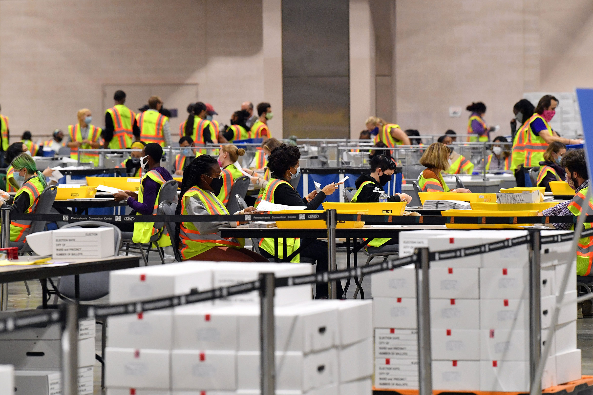 Philadelphia County employees open, sort and count mail-in ballots for the 2020 Presidential Election in Philadelphia, Penn. on Nov. 3, 2020.
