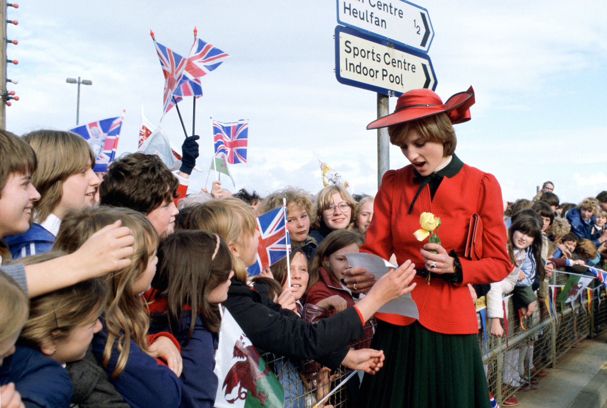 Princess Diana greets a crowd during her first official visit to Wales, in 1981