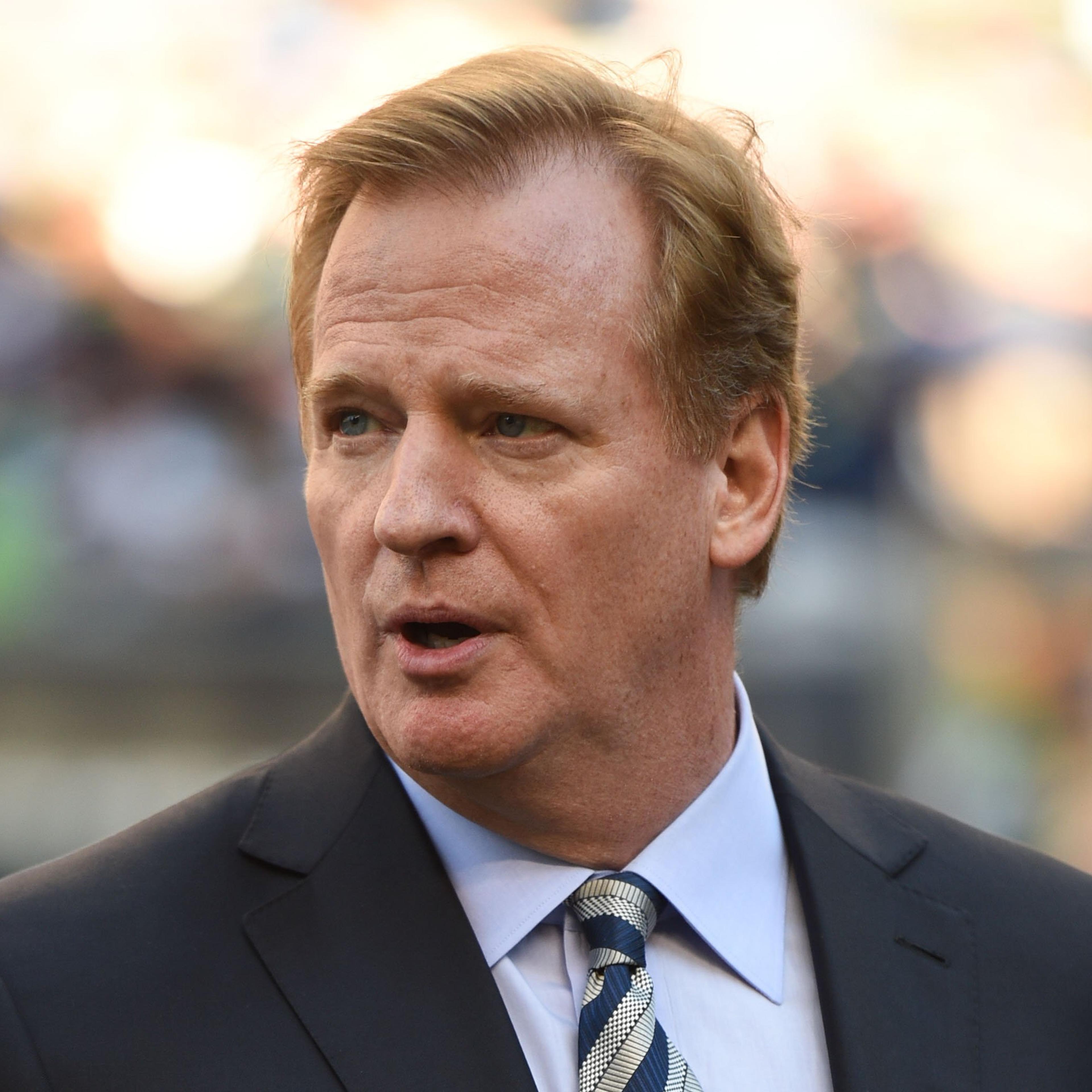 NFL commissioner Roger Goodell walks the sidelines before the game between the Seattle Seahawks and the Green Bay Packers at CenturyLink Field on Sept. 4, 2014 in Seattle.