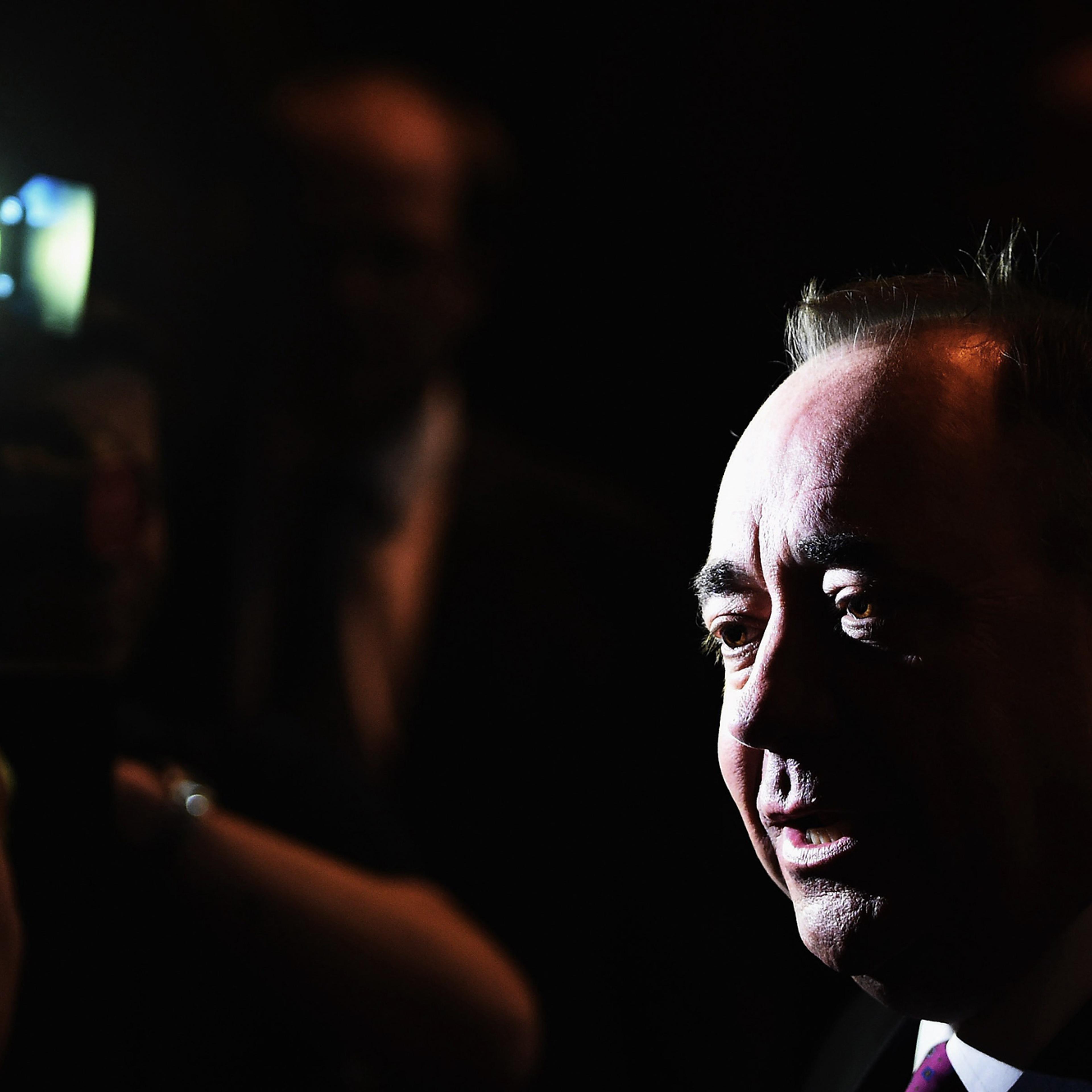 Alex Salmond First Minister of Scotland talks the media after debating with Alistair Darling chairman of Better Together in a televised event from the Royal Conservatoire of Scotland on August 5, 2014 in Glasgow, Scotland.