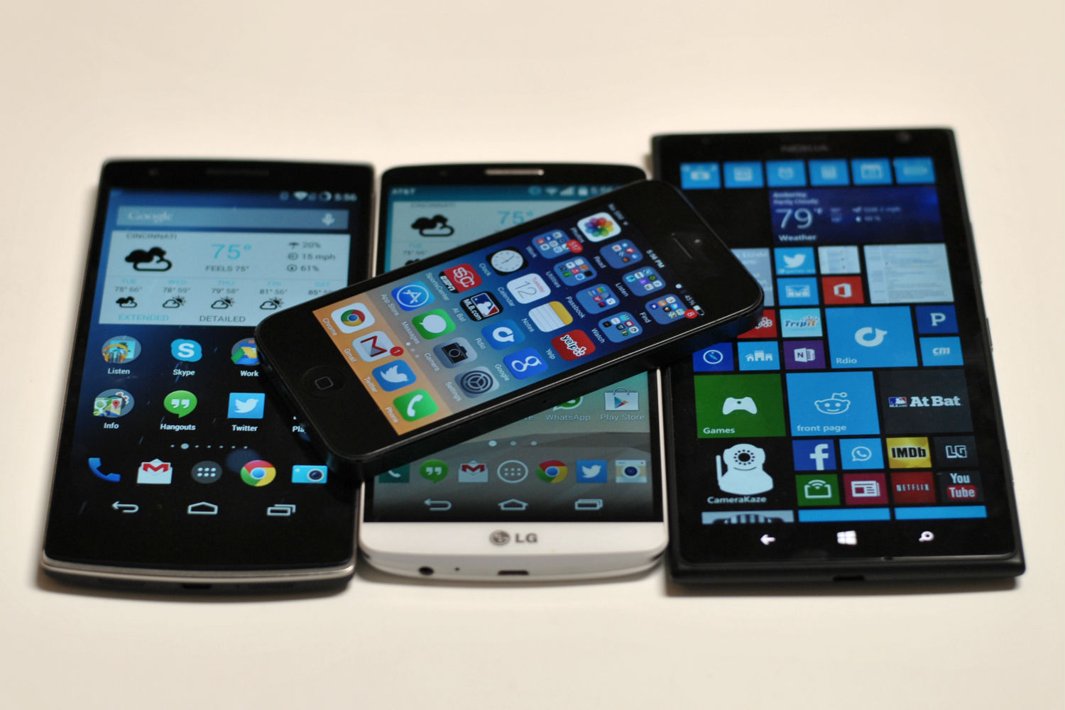 Left to right: OnePlus One, Apple iPhone (above), LG G3, Nokia Lumia 1520