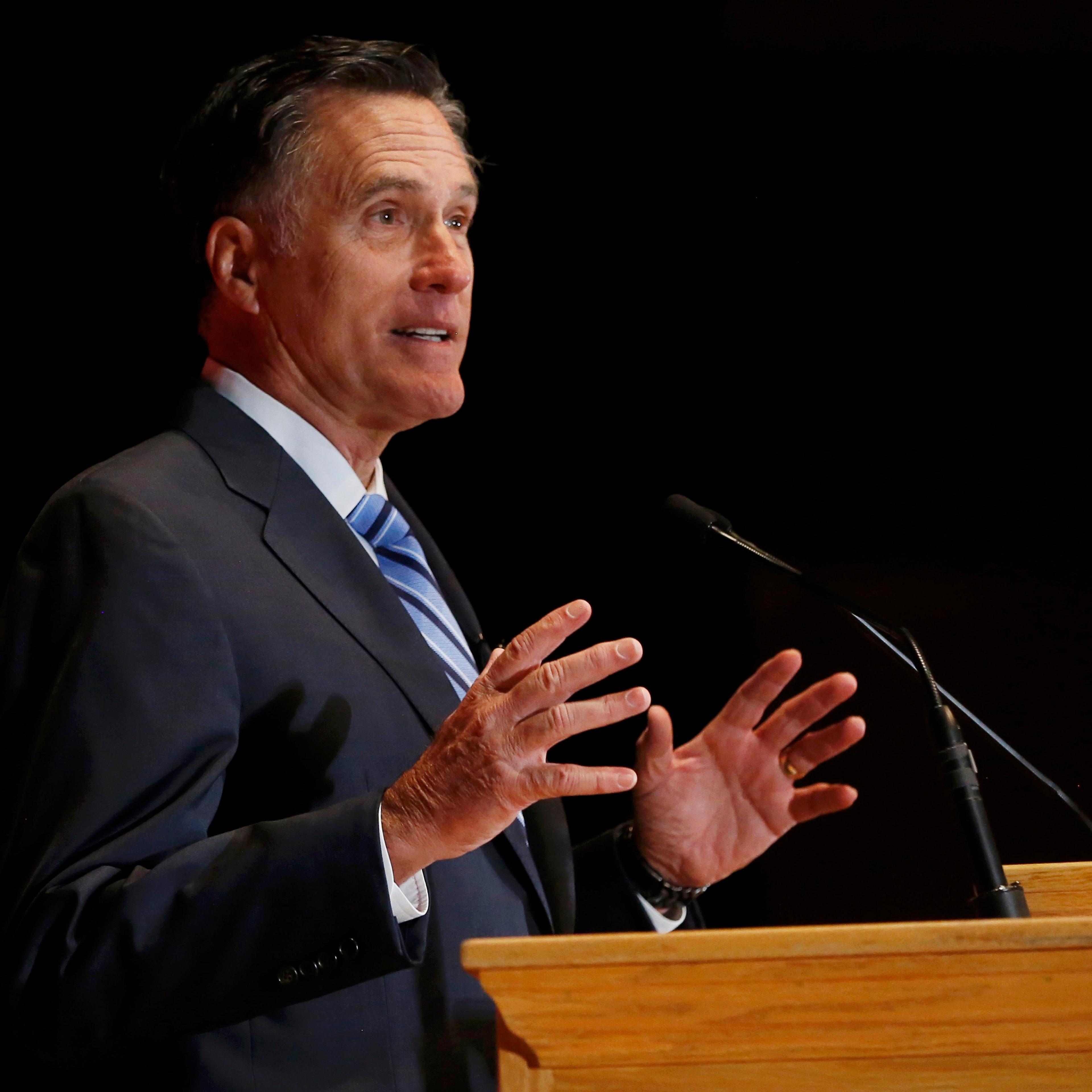 Former Republican U.S. presidential nominee Mitt Romney speaks critically about current Republican presidential candidate Donald Trump during speech in Salt Lake City