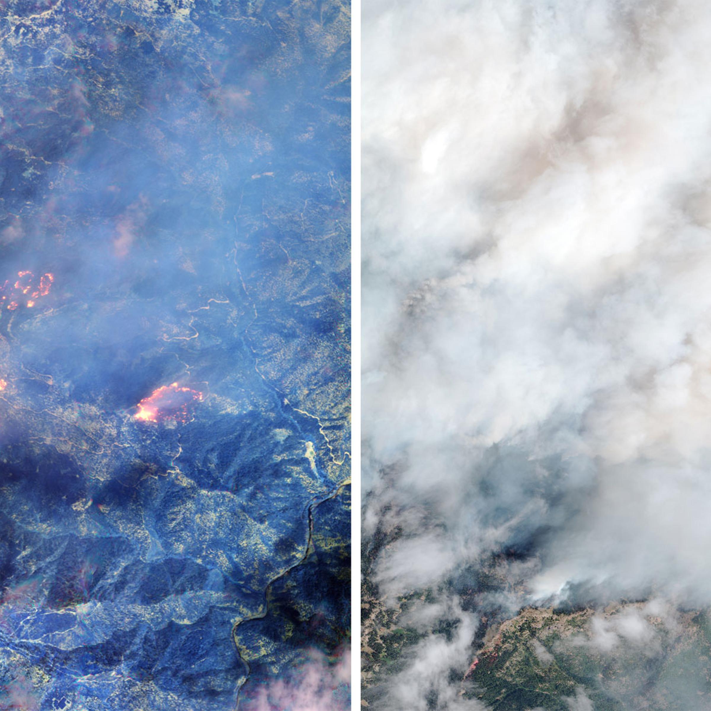 A forest fire at the Happy Camp complex in California’s Klamath National Forest imaged with (left) and without (right) SWIR, in Aug. 2014.