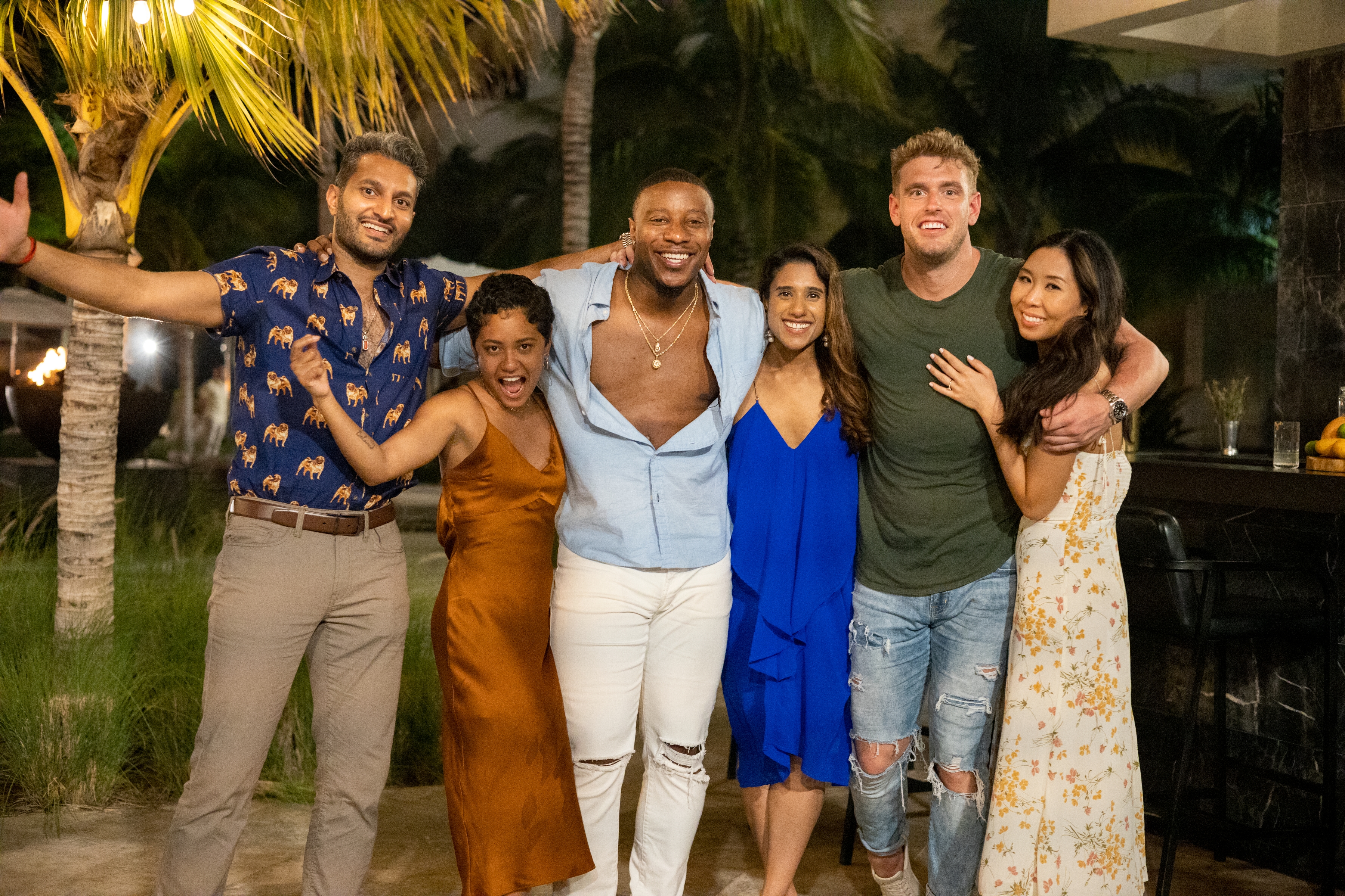 Love Is Blind. (L to R) Abhishek Chatterjee, Iyanna McNeely, Jarrette Jones, Deepti Vempati, Shayne Jansen, Natalie Lee in season 2 of Love Is Blind Cr. Aarón Ortega/Netflix © 2022